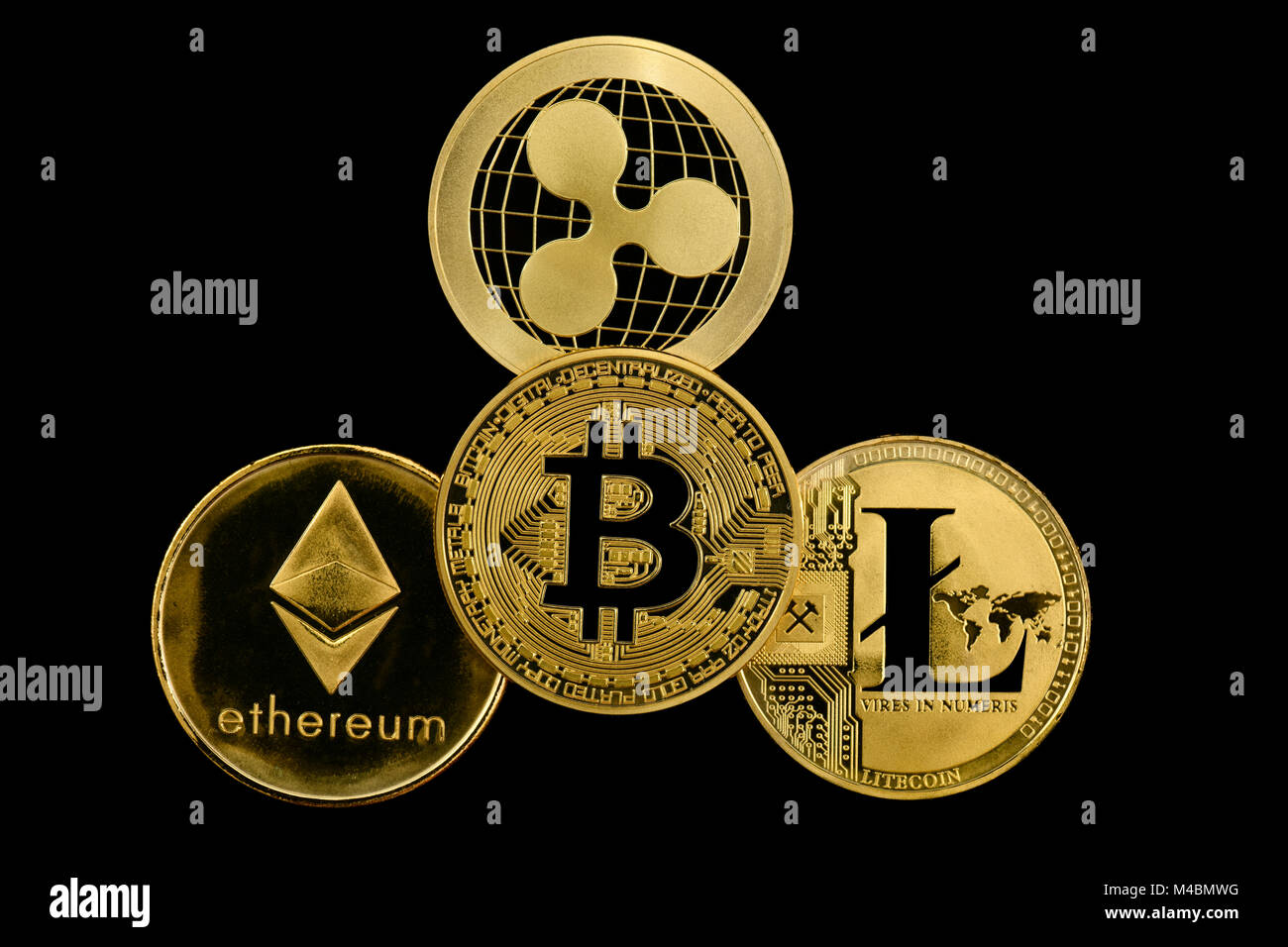 Image cryptocurrency,symbole de la monnaie numérique,pièces d'or,Bitcoin Litecoin,Ondulation,Ethereum Banque D'Images
