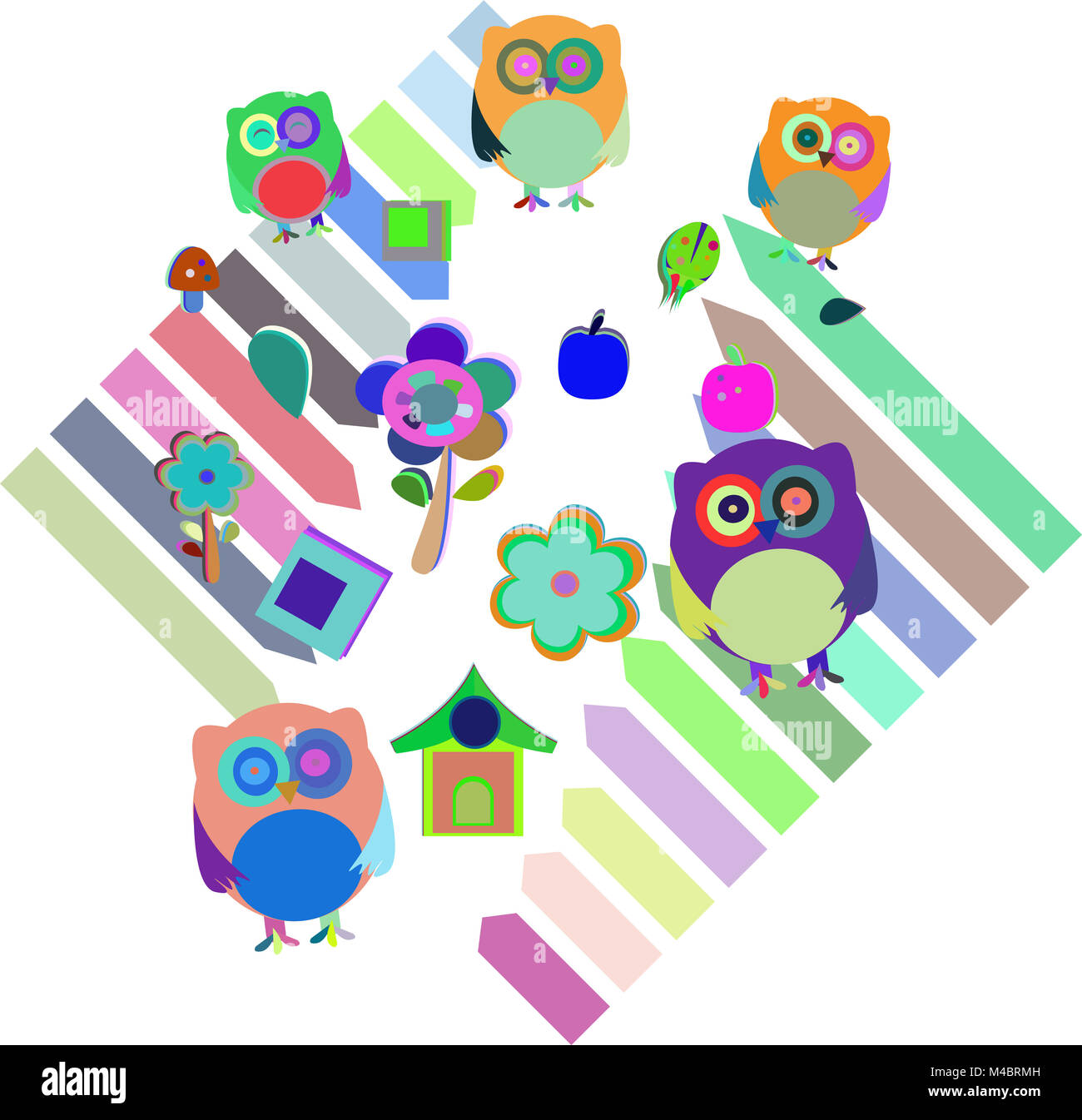 Ensemble de hiboux colorés avec des expressions différentes, Banque D'Images
