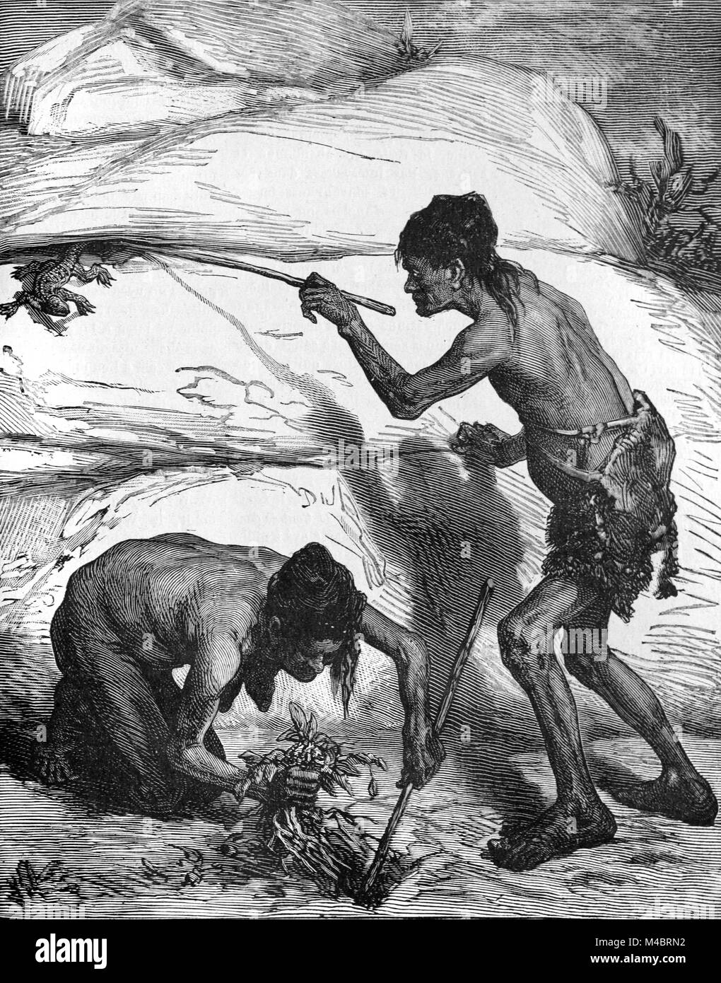 Comanche indiens ou amérindiens, aka Yampericos, Chasse aux lézards dans la région des Grandes Plaines des États-Unis (gravure, 1880) Banque D'Images