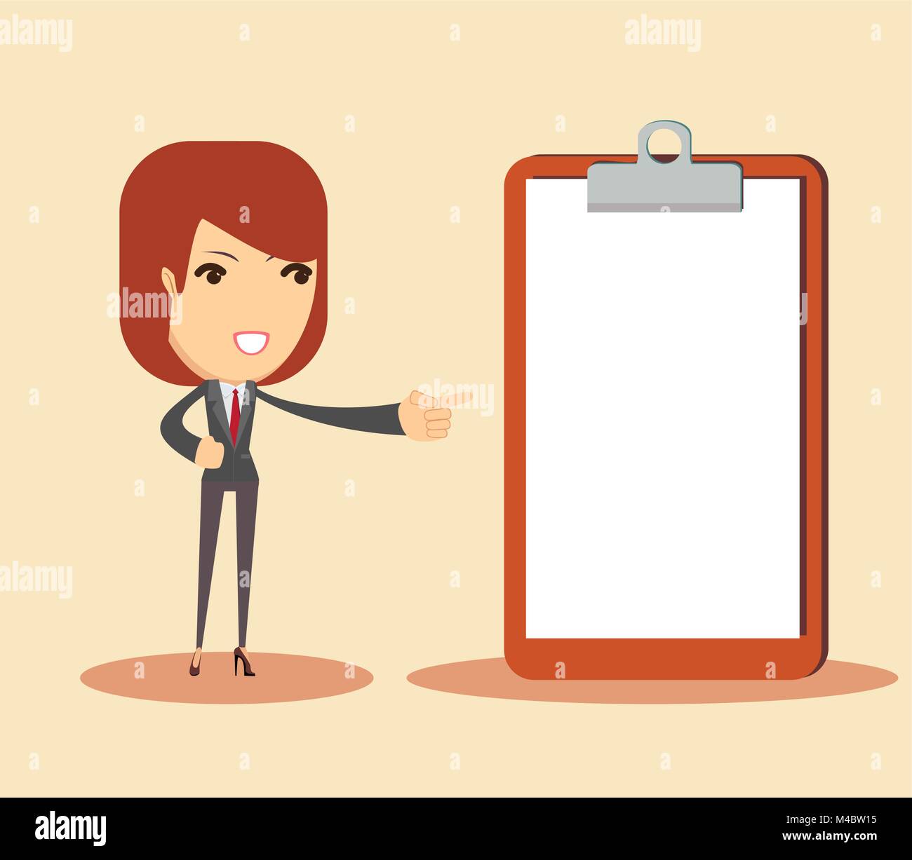 Full Length portrait of smiling business woman pointing sur presse-papiers vierges Illustration de Vecteur