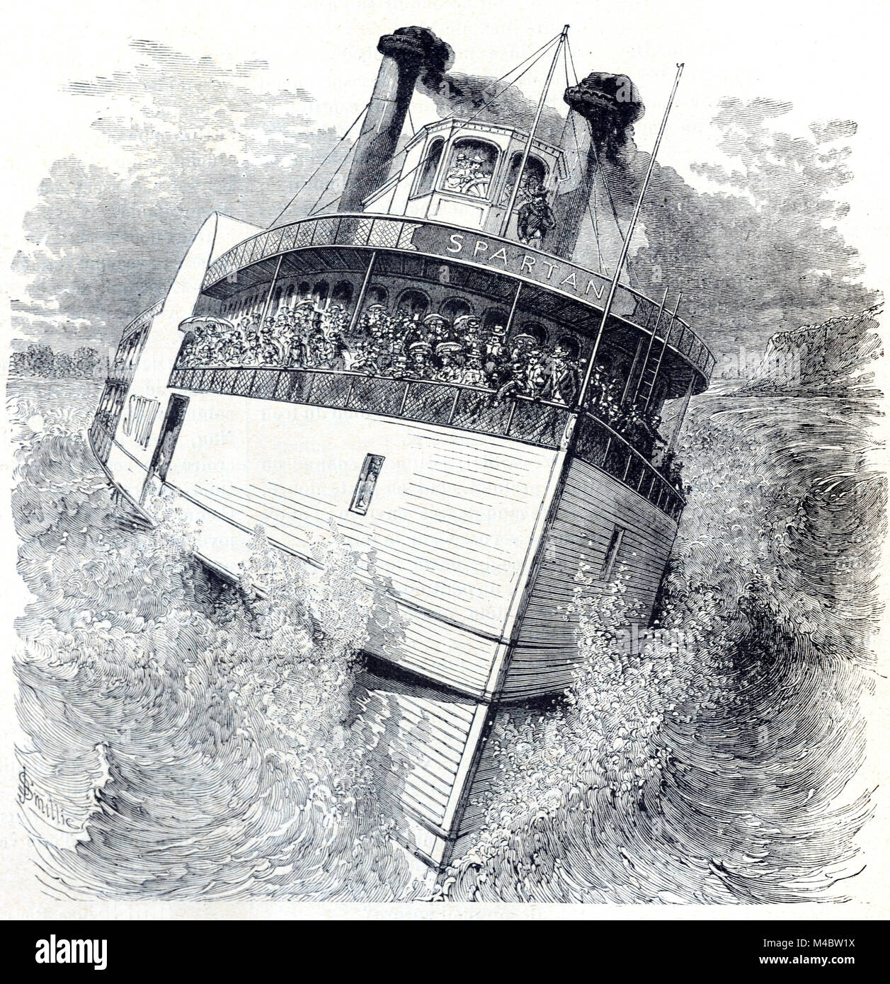 Le paquebot à vapeur ou 'Spartan' Navigation dans des rapides sur la rivière Niagara entre le Canada et les États-Unis. La croisière en bateau à vapeur sur les Grands Lacs et la rivière Niagara. (Gravure, 1880) Banque D'Images