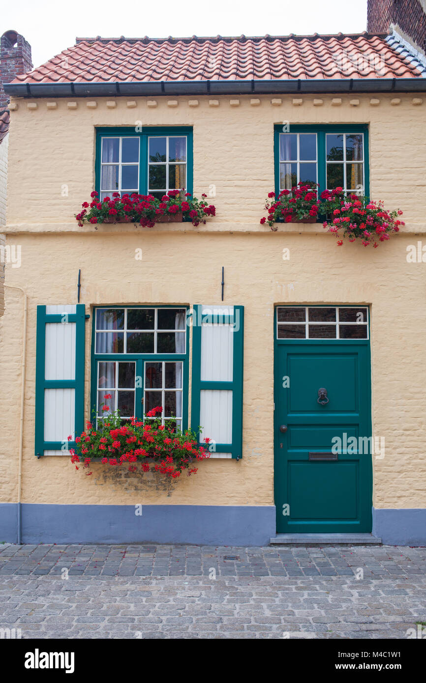 Vieille ville immeuble avec porte et fenêtres en fleurs. Banque D'Images