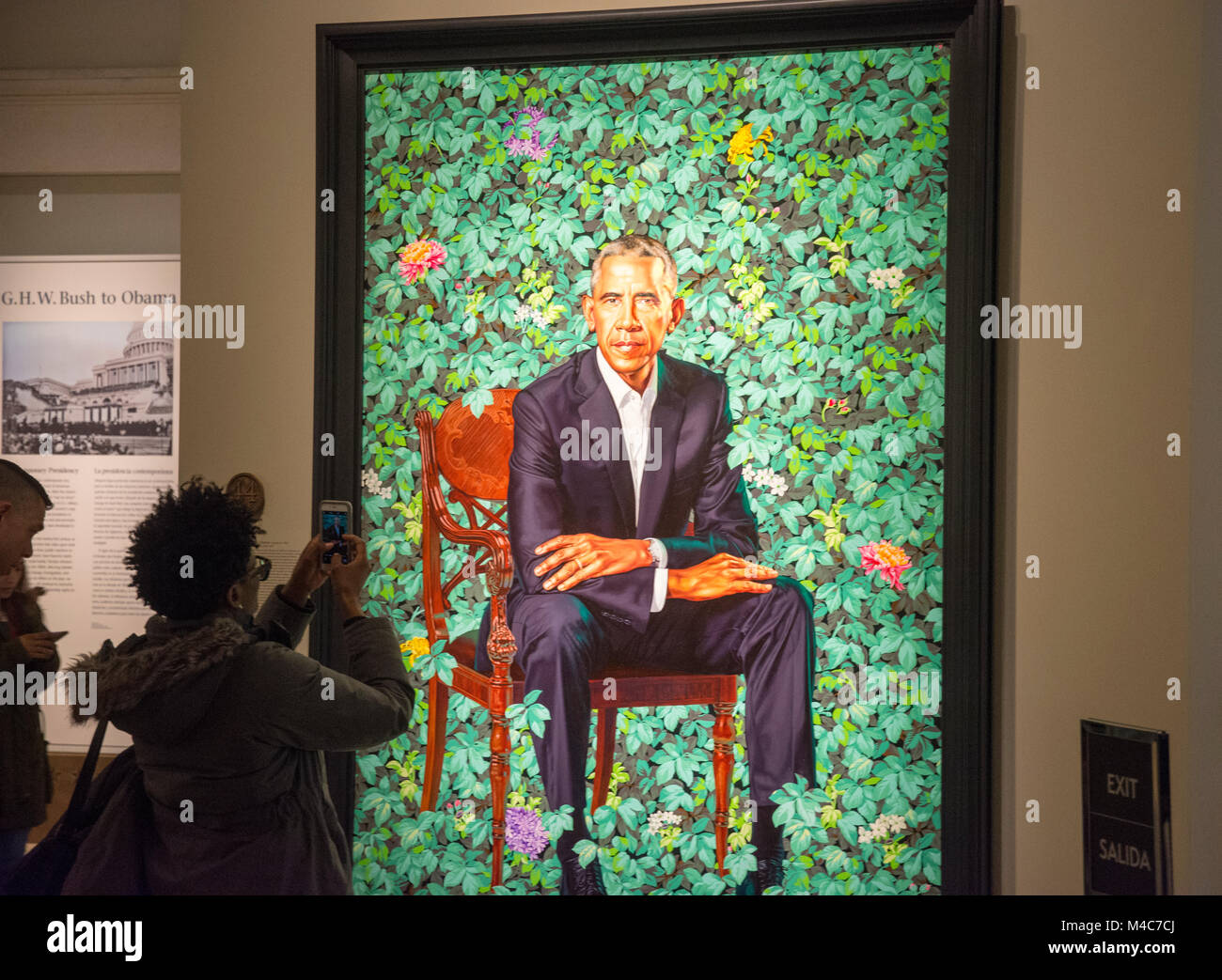 Washington, USA. Feb 14, 2018. Les foules affluent pour voir le nouveau site officiel portrait présidentielle de Barack Obama à la National Portrait Gallery, Smithsonian Institution, Washington, DC. La peinture, par Kehinde Wiley, a été dévoilé le 12 février 2018. Crédit : Tim Brown/Alamy Live News Banque D'Images