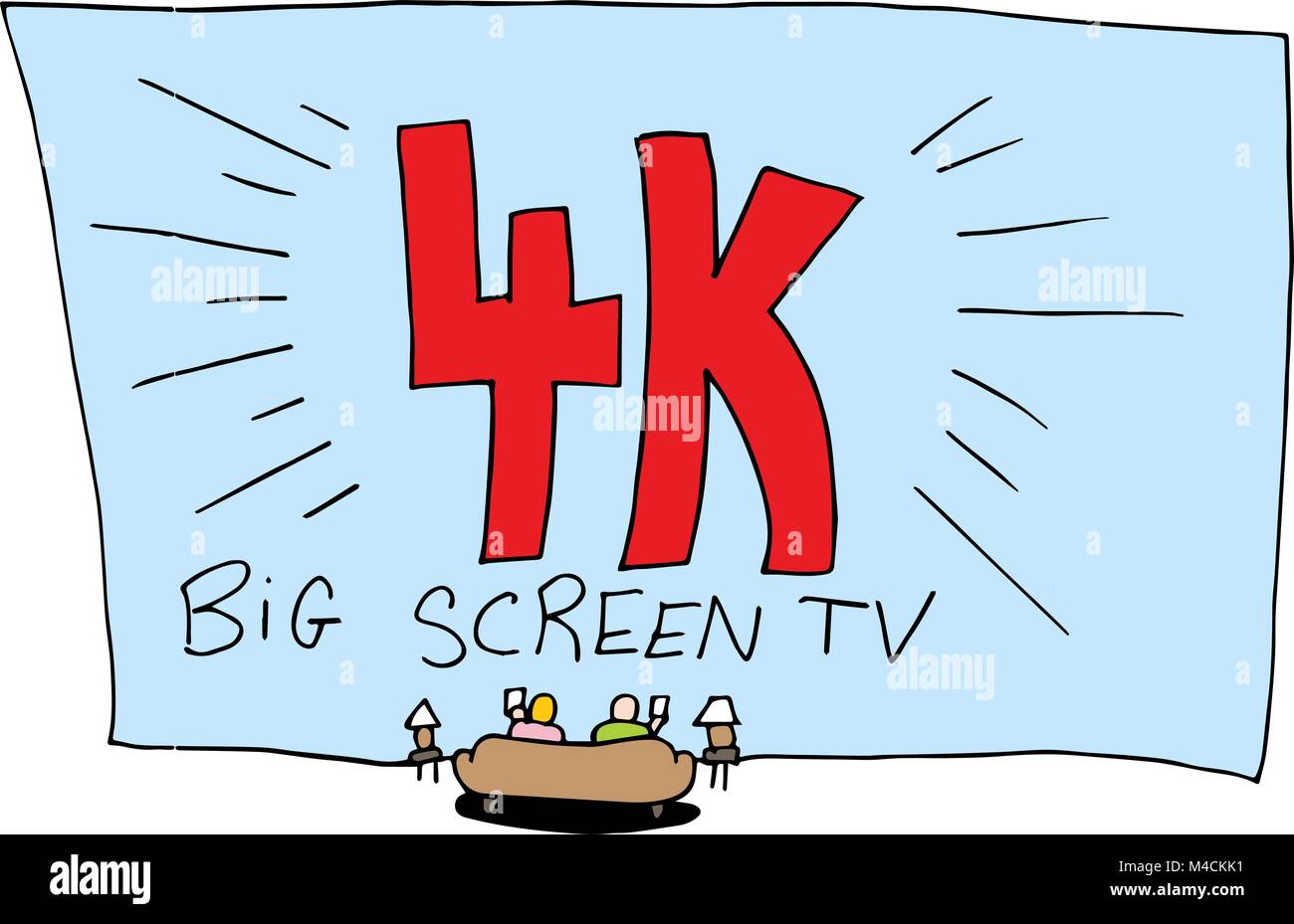 Une image de personnes sur un canapé en regardant une ultra haute définition 4K TV grand écran. Illustration de Vecteur