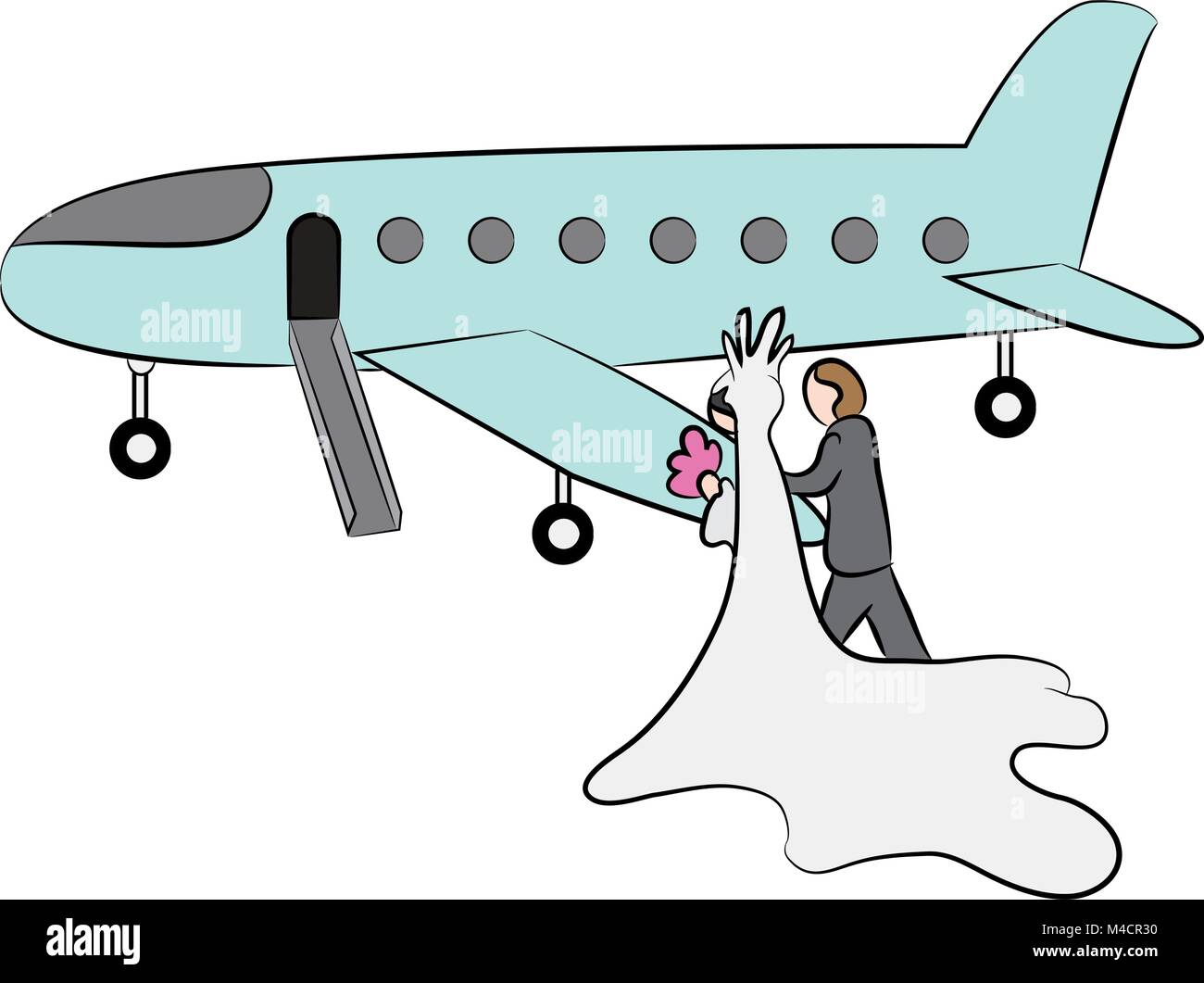 L'image d'une caricature d'un couple nouvellement marié la position de leur lune de miel sur un jet privé. Illustration de Vecteur