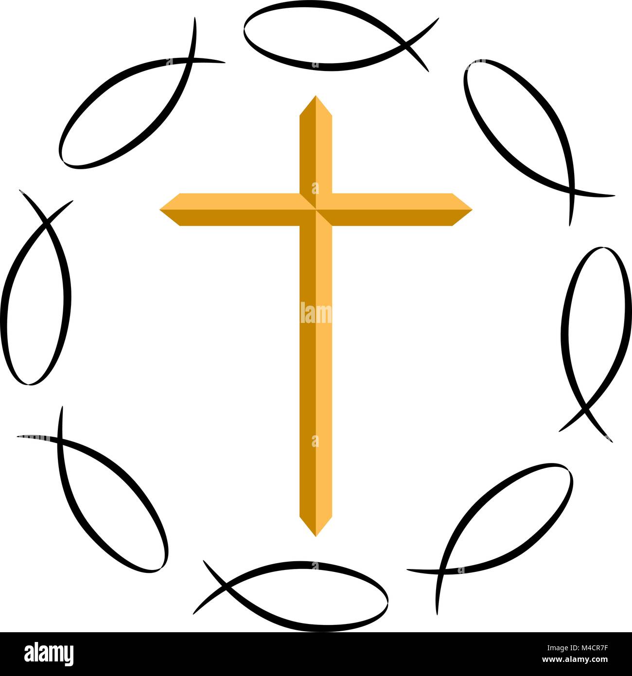 Une image de la croix chrétienne entouré par les symboles d'Ichthys. Illustration de Vecteur