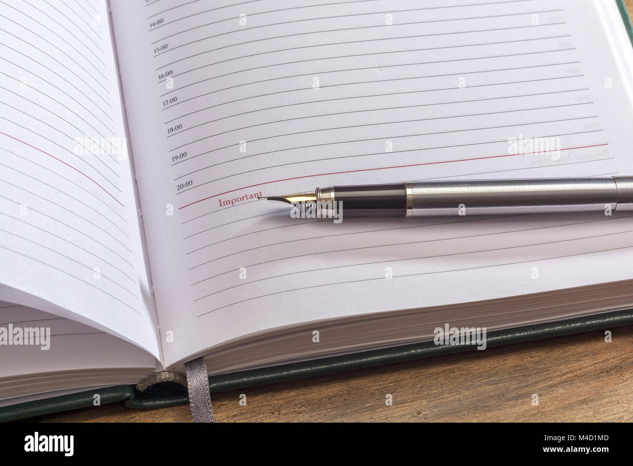 Sur la page de l'Open Journal est un stylo plume, close-up, surface en bois Banque D'Images