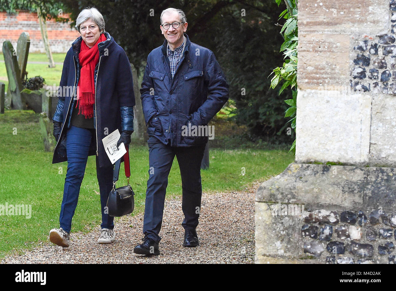 Maidenhead, Royaume-Uni. 04 février 2018. Premier ministre Theresa May, accompagnée de son mari Philippe, assiste à un service religieux, près de sa circonscription de Maidenhead. Banque D'Images