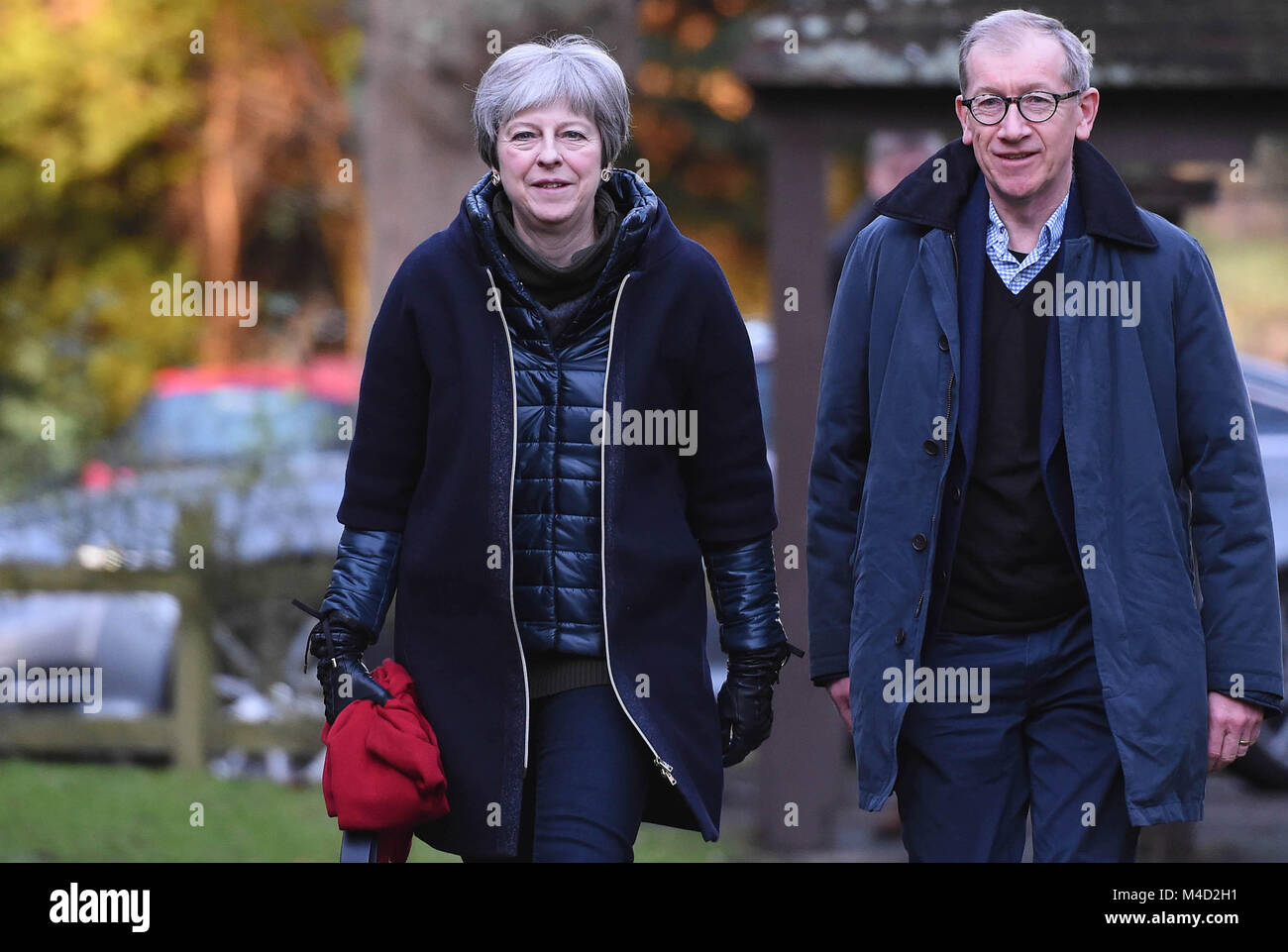 Maidenhead, Royaume-Uni. 11 février 2018. Premier ministre Theresa May, accompagnée de son mari Philippe, assiste à un service religieux, près de sa circonscription de Maidenhead. Banque D'Images