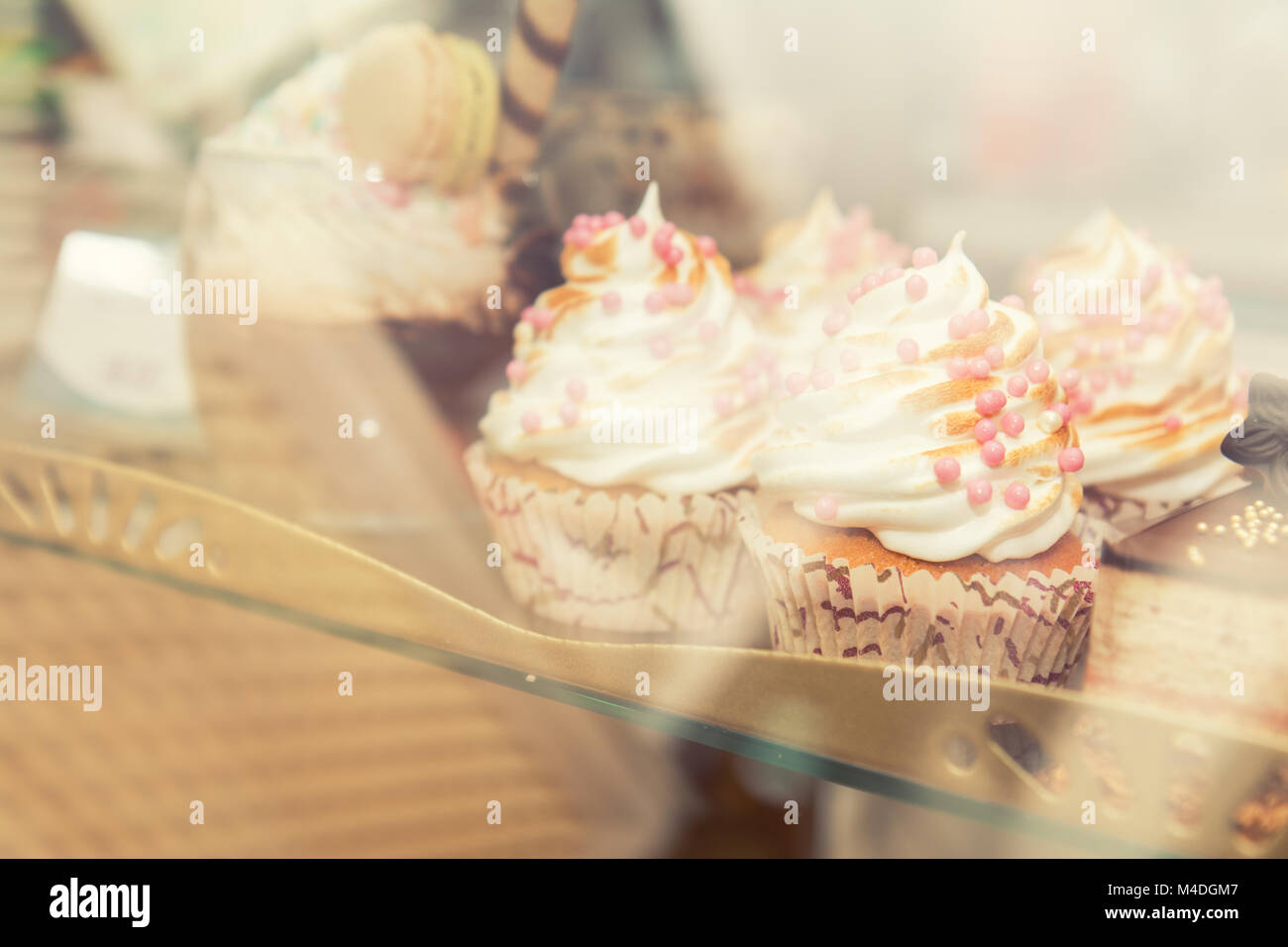 Cupcakes avec crème vanille sur showcase Banque D'Images