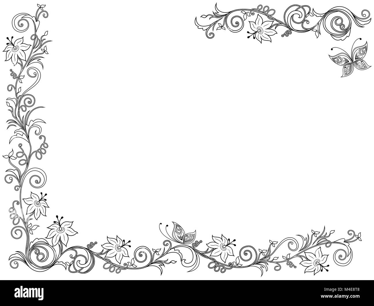 Swirl ornementé floral frame avec Fleurs et papillon sur le fond blanc comme une carte de vœux vector illustration Illustration de Vecteur