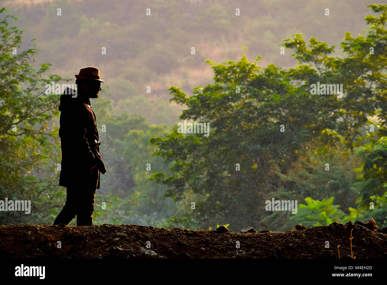 Homme dans un chapeau et veste noire a mis en relief sur un fond vert, Pune, Maharashtra. Banque D'Images