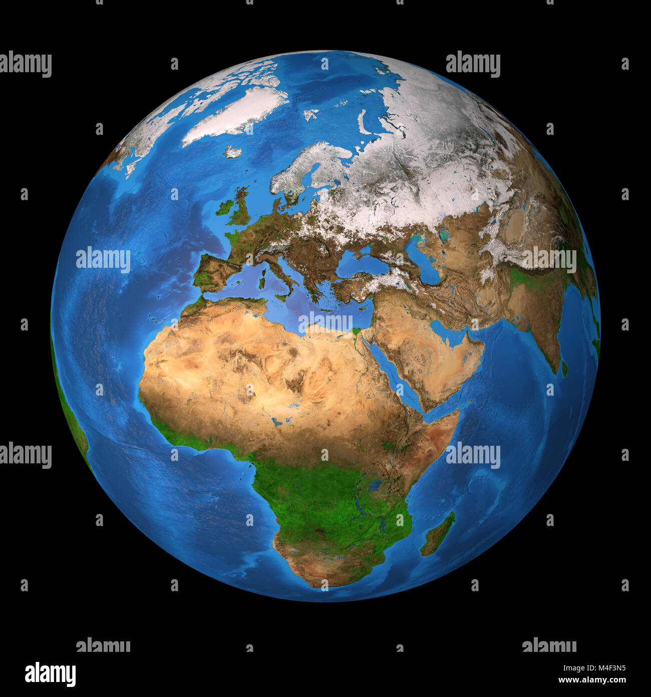Vue réaliste de la planète Terre en haute résolution, l'accent sur l'Europe, l'Afrique et l'Asie. 3D illustration, isolé sur le noir. Éléments de cette Banque D'Images