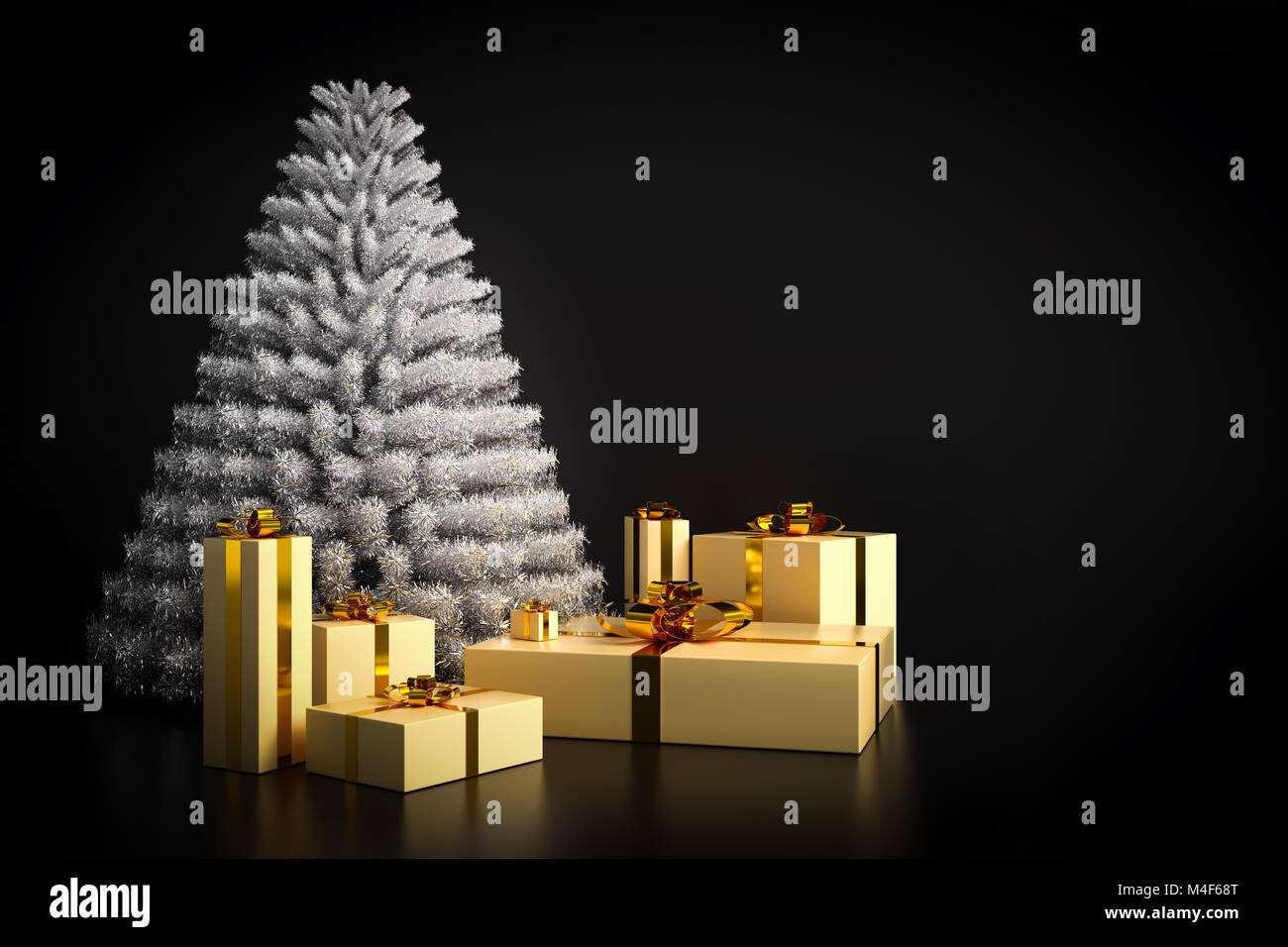 Arbre de Noël moderne lumineux et présente sur fond noir. Banque D'Images