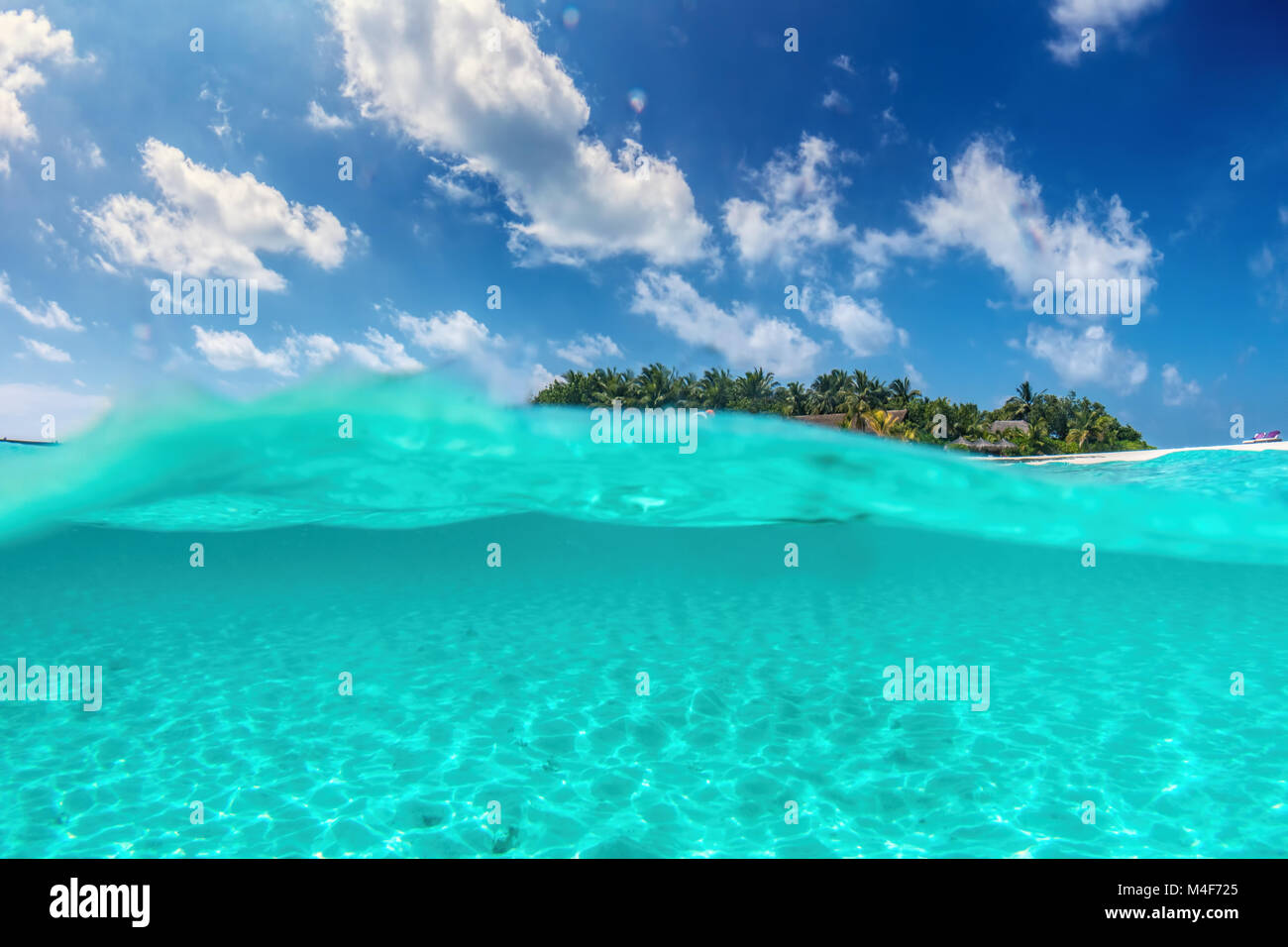 Sur l'île tropicale de l'Océan Indien, les Maldives. La moitié underwater Banque D'Images