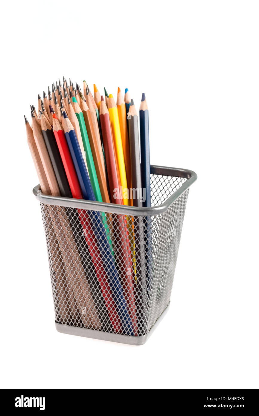 Crayons de couleurs en pot métal Banque D'Images