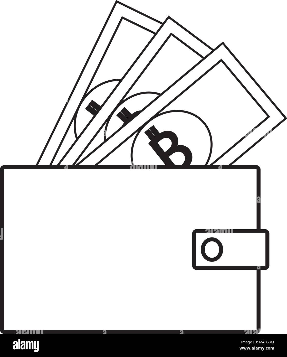 Crypto Bitcoin icône devise ou logo vector sur les notes d'éclater un portefeuille. Symbole de la banque ou d'avion sur une économie numérique avec argent virtuel et cu Illustration de Vecteur