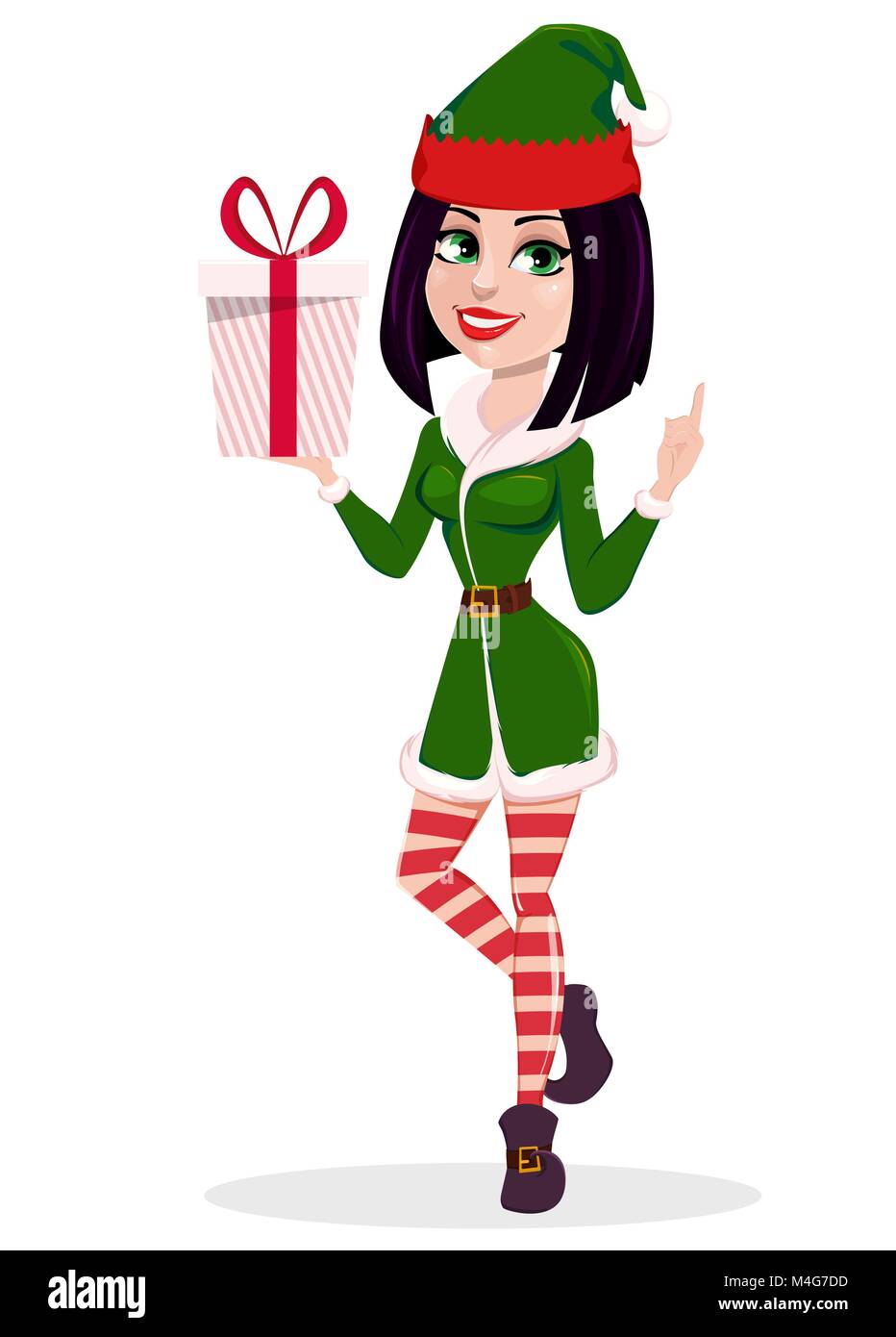 Joyeux Noël. Elf woman holding gift box. Happy smiling cartoon character. Vector illustration sur fond blanc Illustration de Vecteur