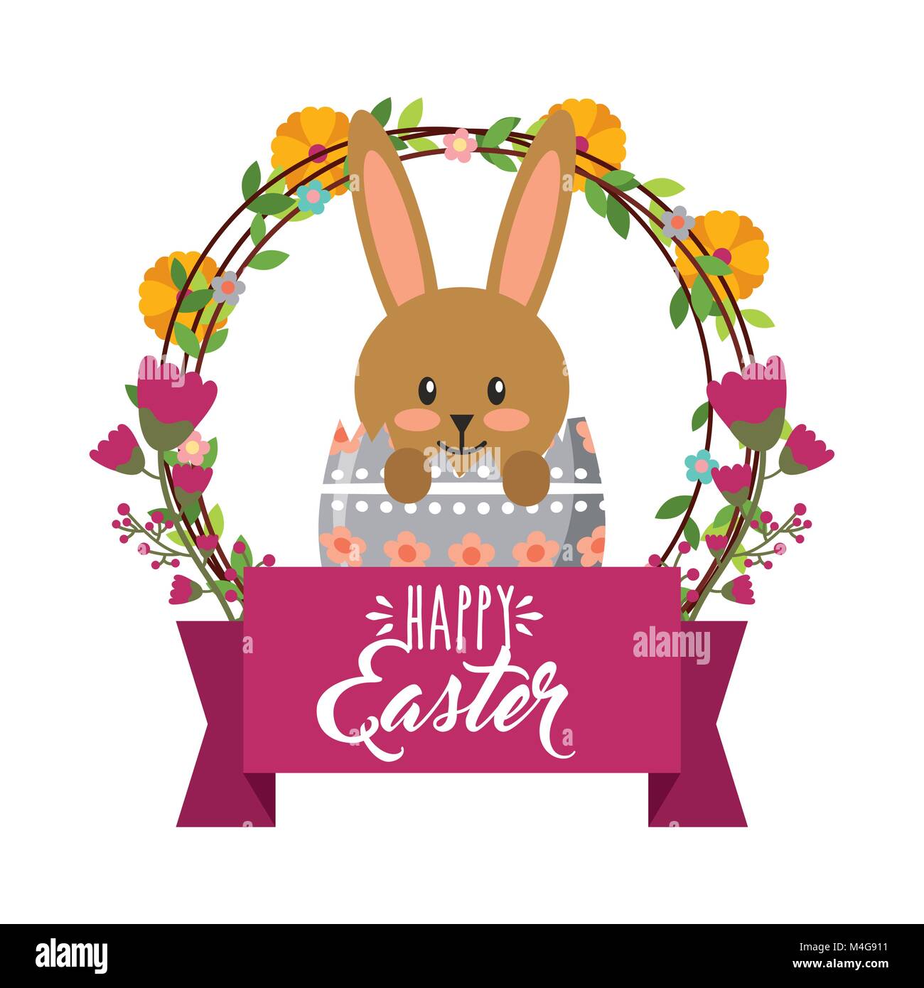 Les oeufs cassés à l'intérieur du lapin mignon décoration florale cadre Joyeuses Pâques Illustration de Vecteur