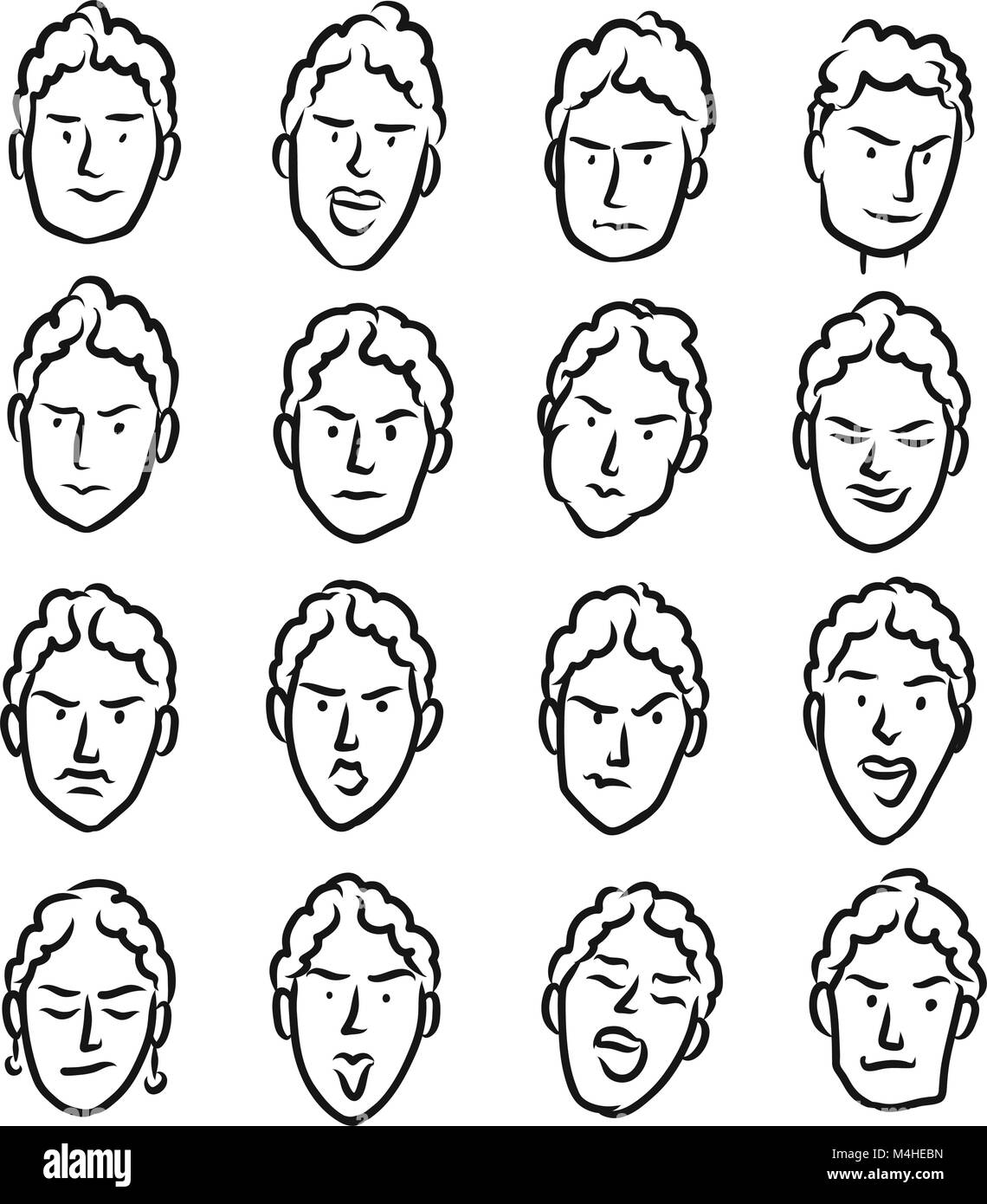 À la main femme émotionnelle des visages. Vector illustration moderne isolé dans un style de dessin animé. Illustration de Vecteur