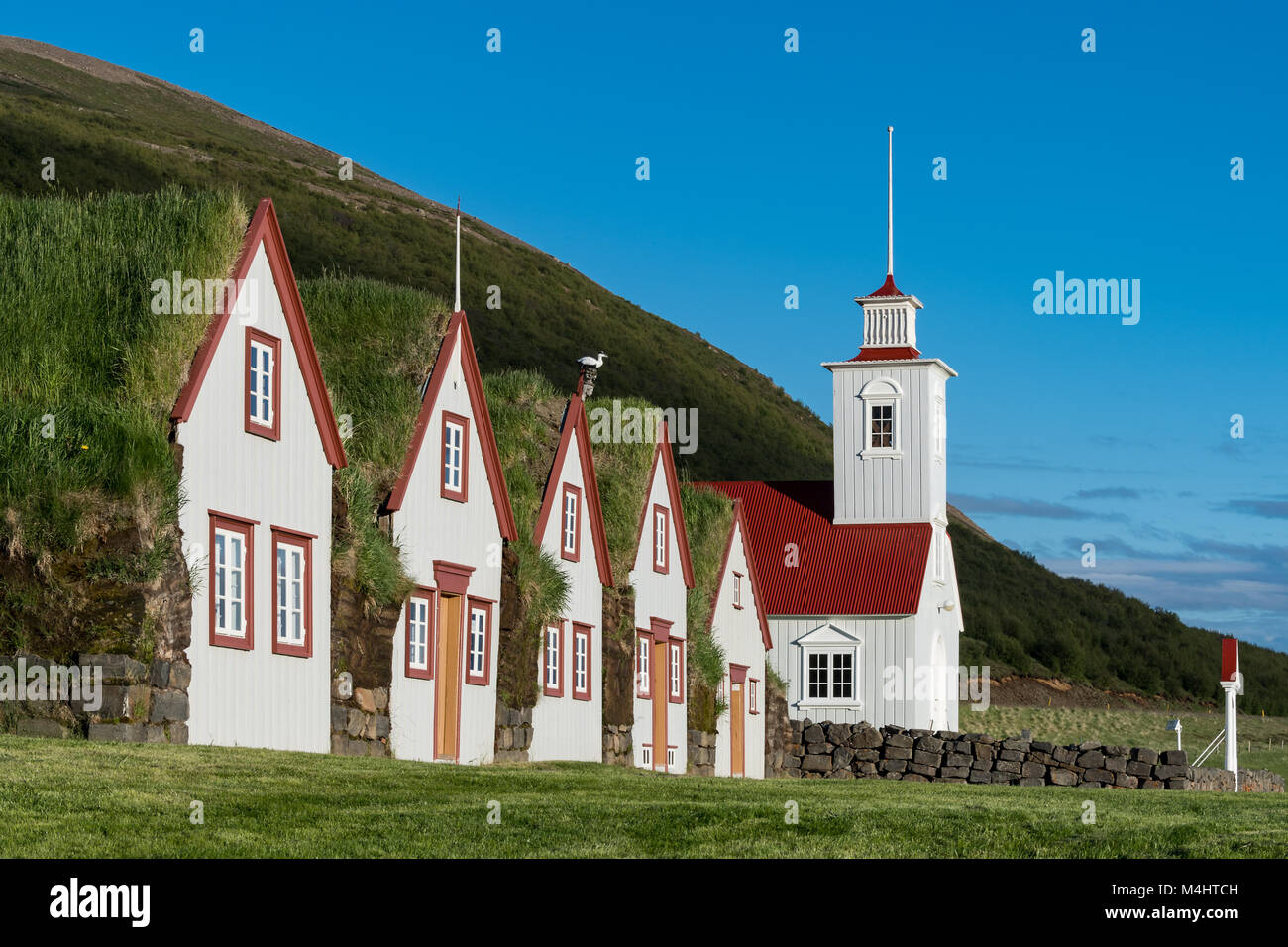 Vieilles maisons de gazon islandais Laufás, musée en plein air, Eyjafjörður, North-Iceland, Islande Banque D'Images