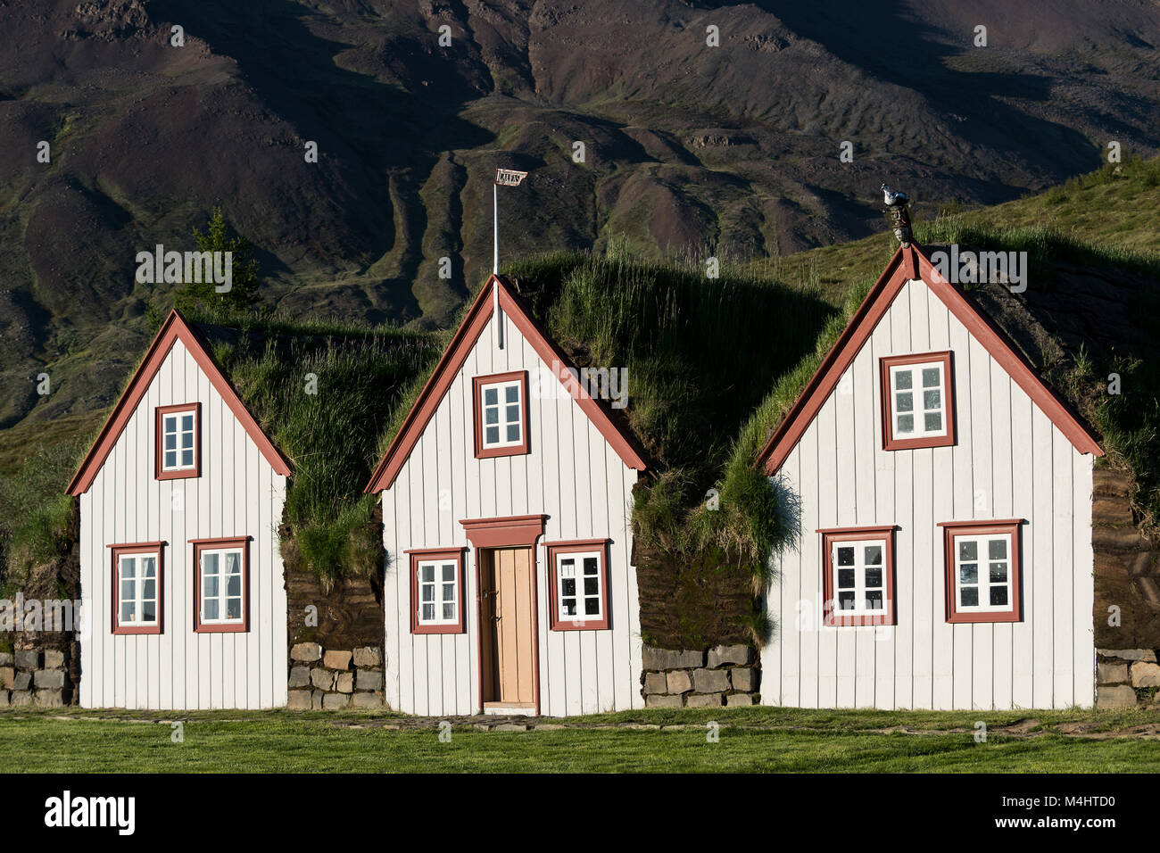 Vieilles maisons de gazon islandais Laufás, musée en plein air, Eyjafjörður, North-Iceland, Islande Banque D'Images