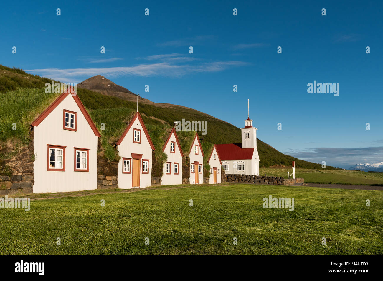 Vieilles maisons de gazon islandais Laufás, musée en plein air, Eyjafjörður, North-Iceland, Islande Banque D'Images