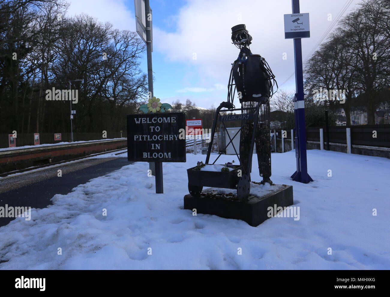 La gare de Pitlochry en hiver avec de la neige l'Écosse Février 2018 Banque D'Images