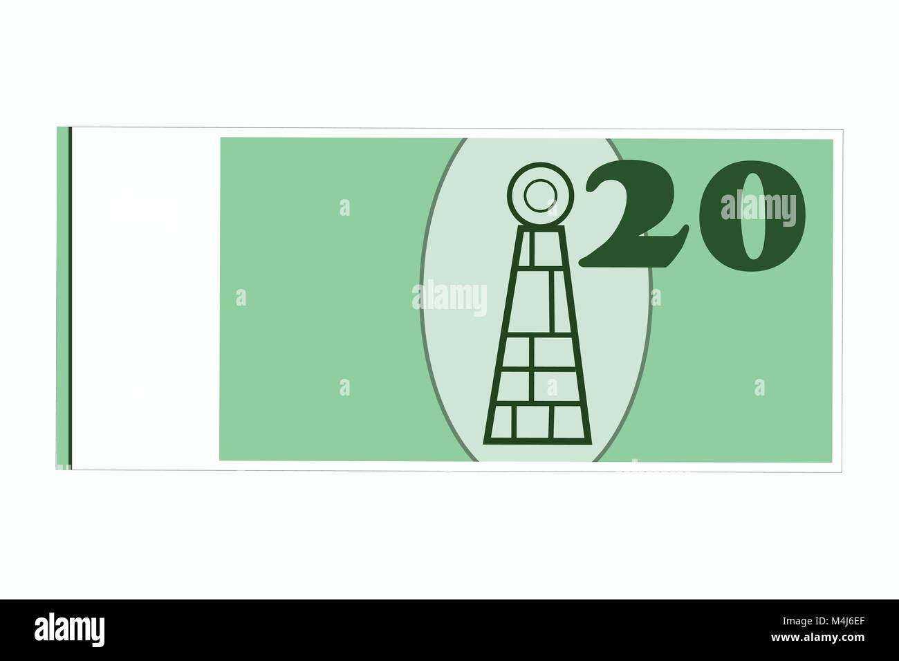 Illustration de la loi de la banque sans argent réel ou d'un drapeau ou de caractéristiques de sécurité, vecteur de la banque symbolique note avec une valeur de 20 en vert/ argent Illustration de Vecteur