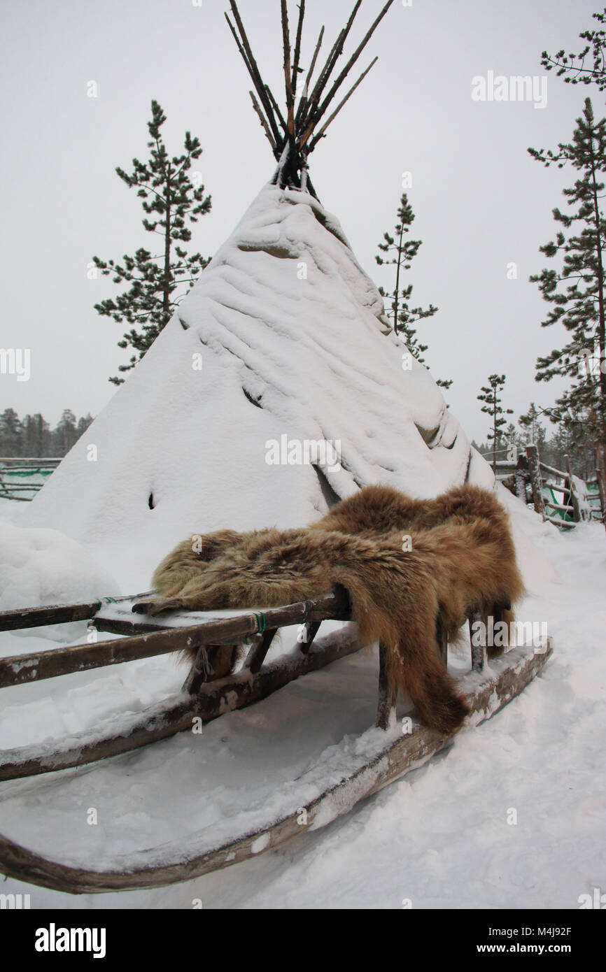 Tente Sami, luges et Bearskin Banque D'Images Tente Sami, luges et Bearskin Banque D'Images