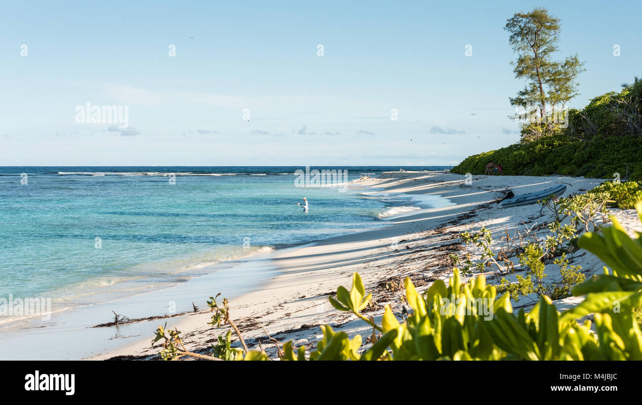 Plage et pêcheur, Bird Island, Seychelles Banque D'Images