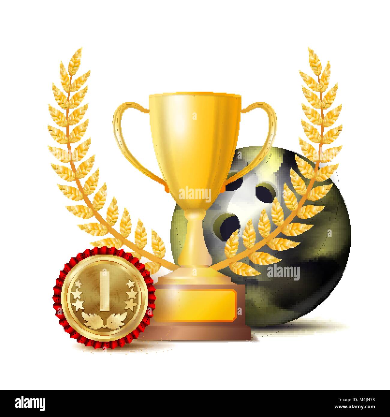 S'inclinant Achievement Award vecteur. Arrière-plan de sport. Ball, lauréat d'or de la Coupe, 1e Place Médaille. Isolées réaliste Illustration de Vecteur