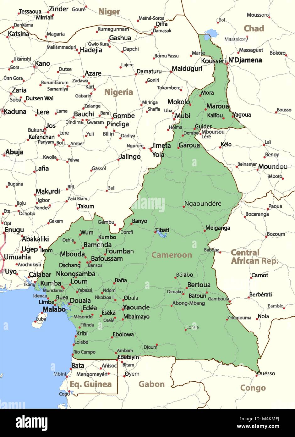 Carte du Cameroun. Montre frontières du pays, les zones urbaines, les noms de lieux et de routes. Les étiquettes en anglais si possible.  : Projection Mercator. Illustration de Vecteur