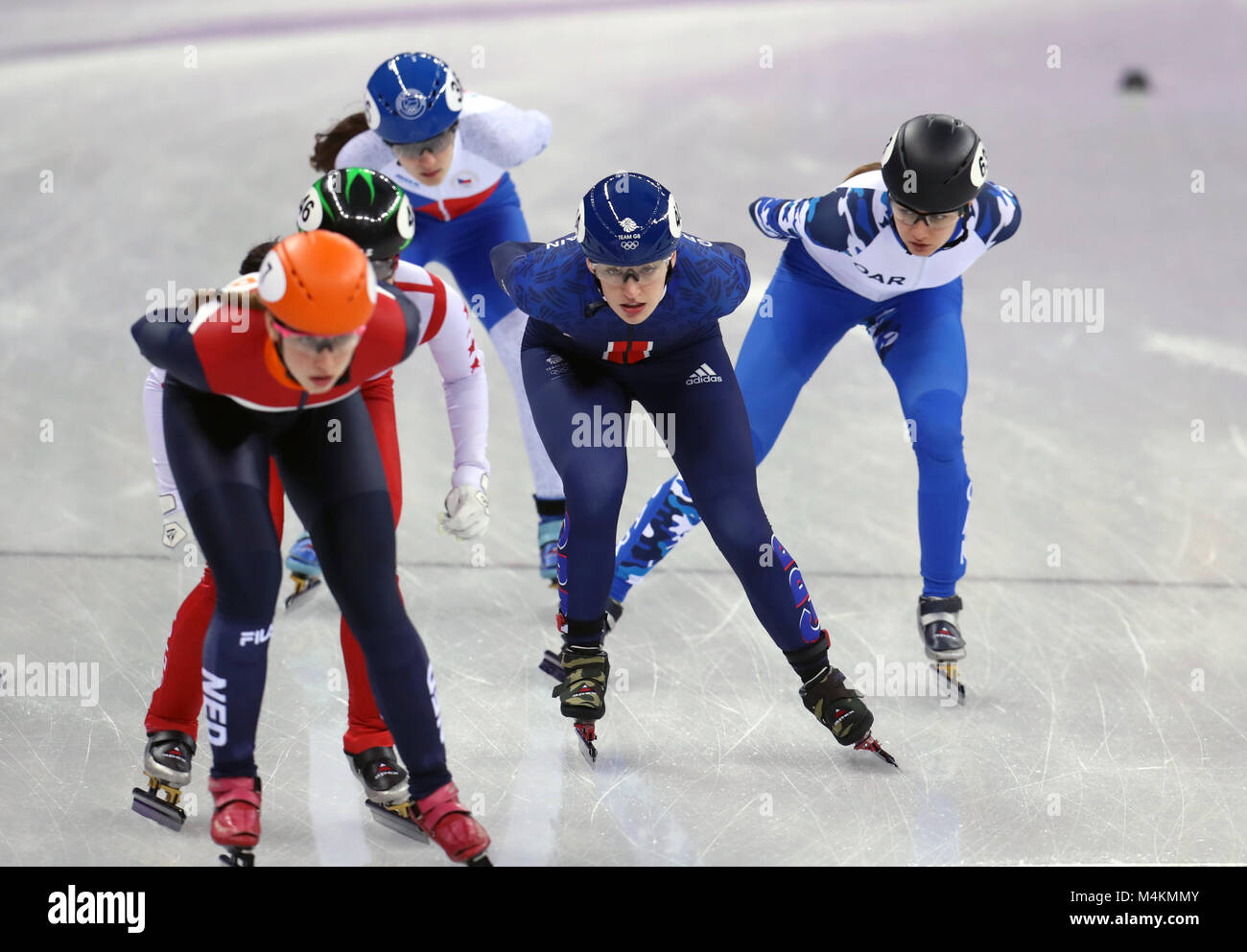 La société britannique Charlotte Gilmartin (centre) sur son chemin à la troisième place dans le patinage de vitesse courte piste - Dames 1 500m 3 de la chaleur à l'Ovale de Gangneung pendant huit jours de la Jeux Olympiques d'hiver de 2018 à PyeongChang en Corée du Sud. Banque D'Images