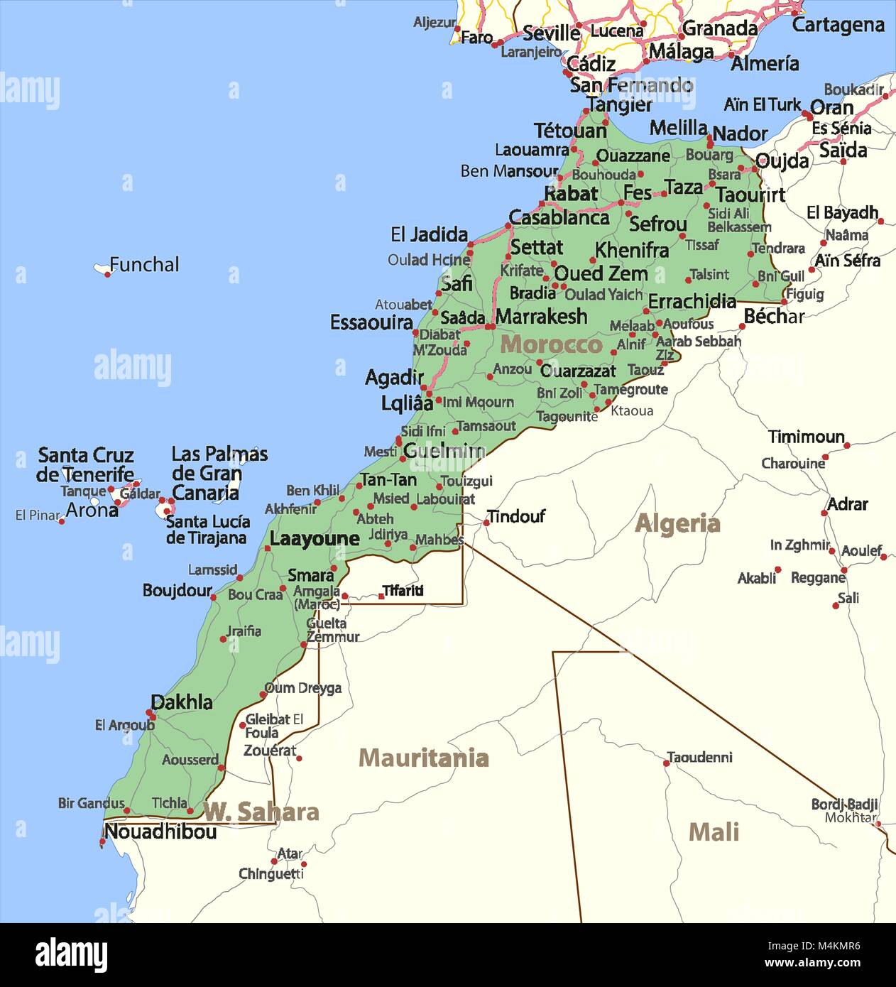 Carte du Maroc. Montre frontières du pays, les noms de lieux et de routes. Les étiquettes en anglais si possible.  : Projection Mercator. Illustration de Vecteur