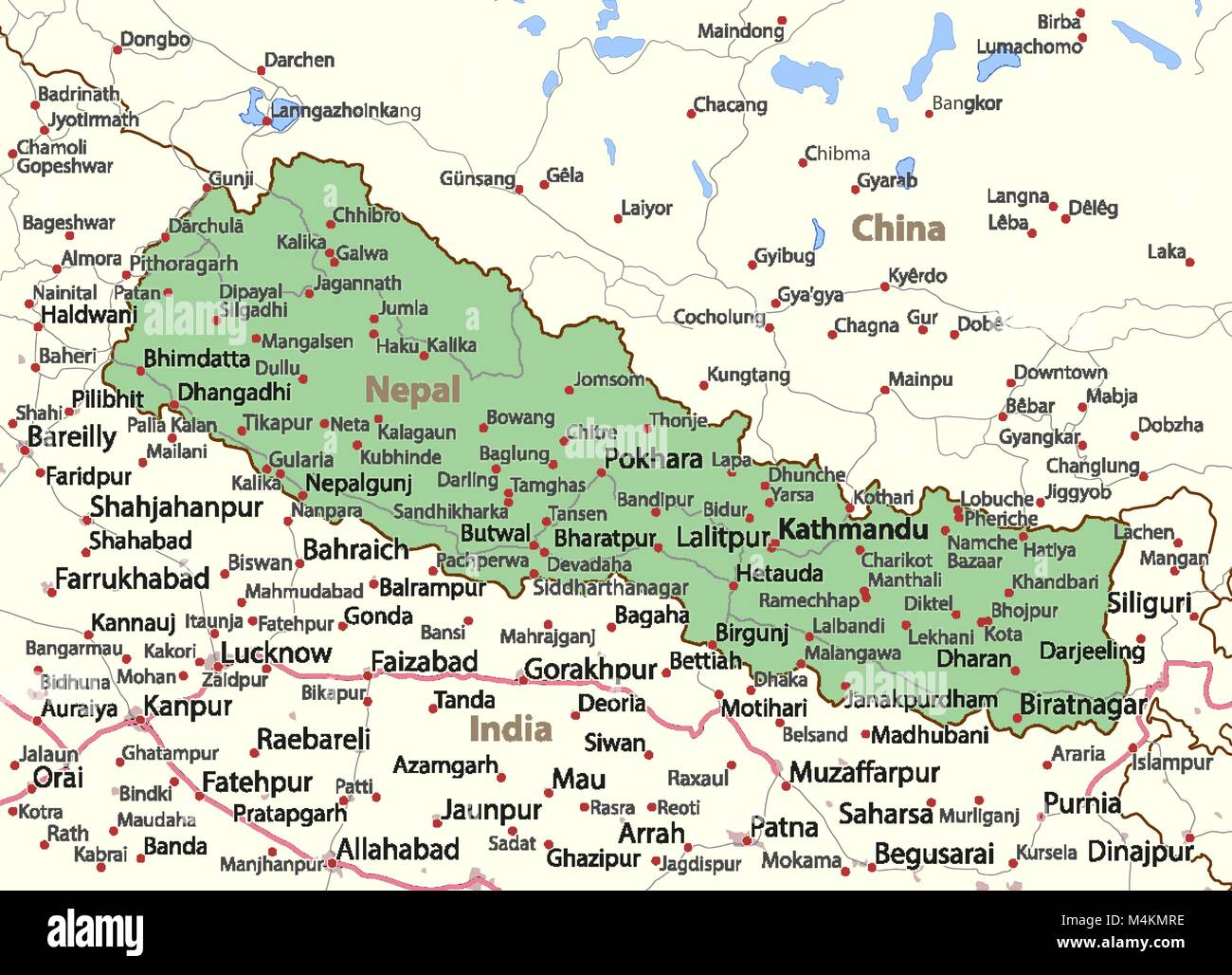 La carte du Népal. Montre frontières du pays, les zones urbaines, les noms de lieux et de routes. Les étiquettes en anglais si possible.  : Projection Mercator. Illustration de Vecteur