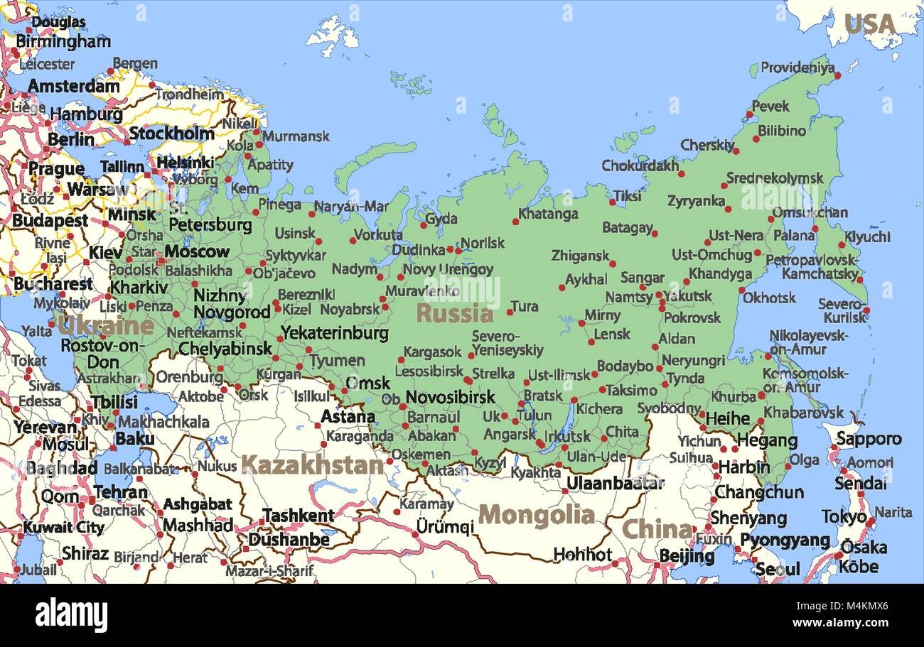 Carte de la Russie. Montre frontières du pays, les noms de lieux et de routes. Les étiquettes en anglais si possible.  : Projection conique conforme de Lambert. Illustration de Vecteur