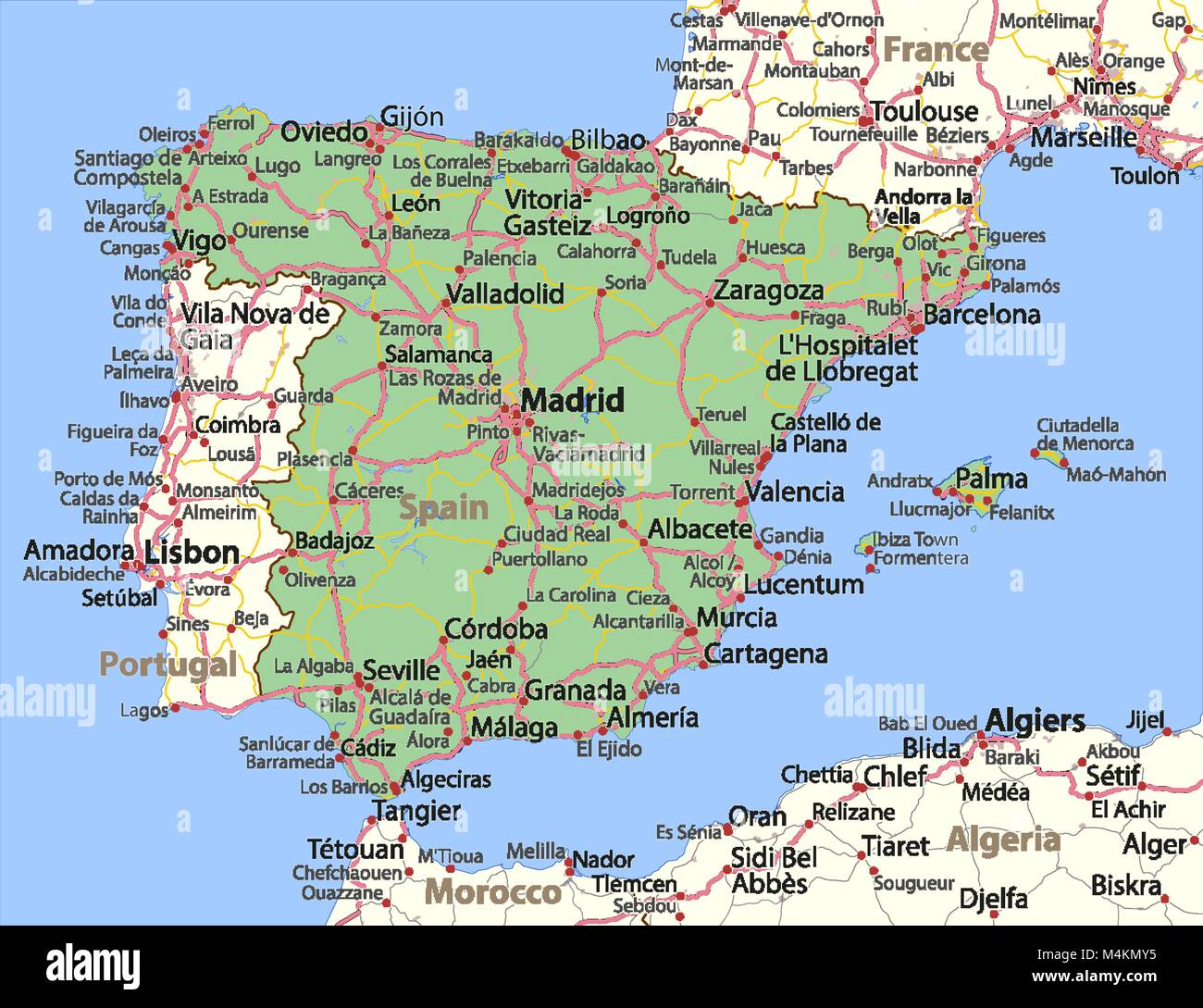 sygdom Menneskelige race vest Carte de l'Espagne. Montre frontières du pays, les zones urbaines, les noms  de lieux et de routes. Les étiquettes en anglais si possible. Projection :  Spherical Mercator Image Vectorielle Stock - Alamy