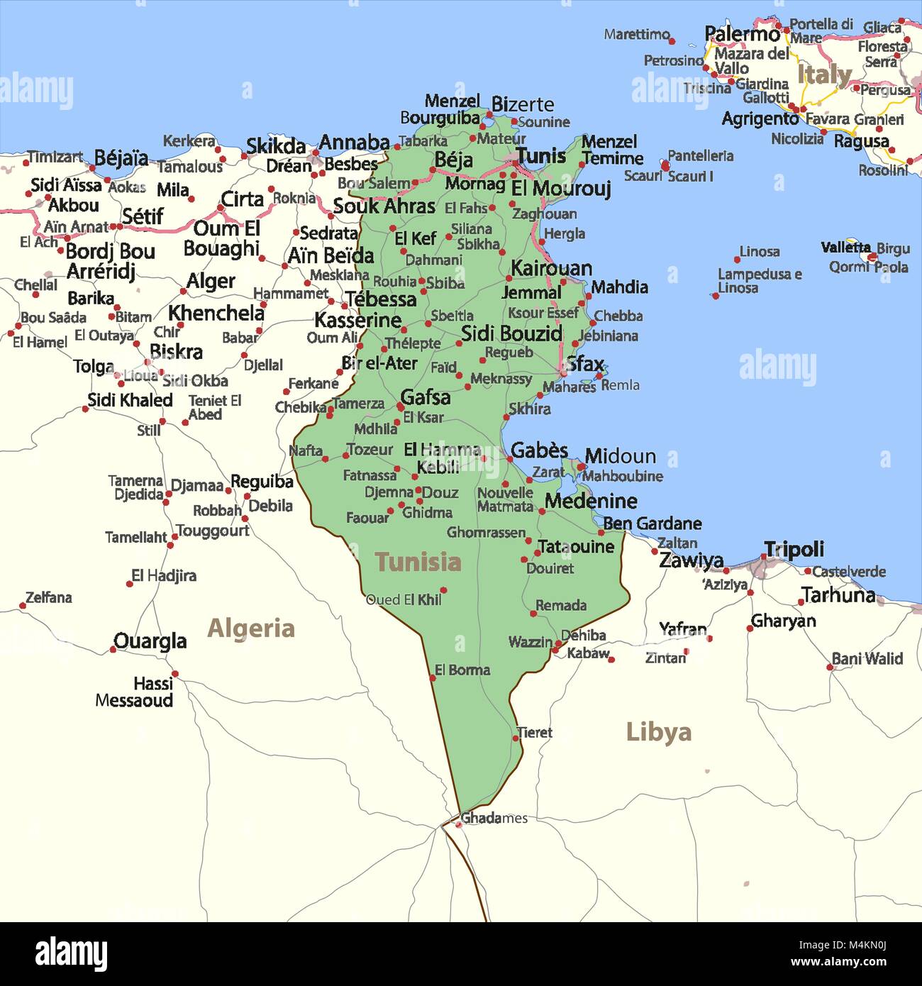 Carte de la Tunisie. Montre frontières du pays, les zones urbaines, les noms de lieux et de routes. Les étiquettes en anglais si possible.  : Projection Mercator. Illustration de Vecteur