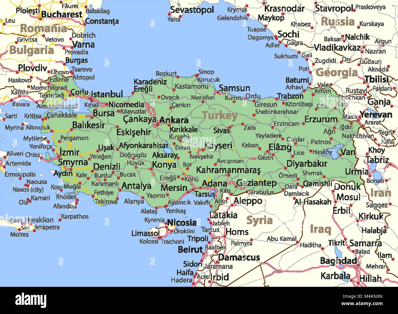 Turque Map Carte de la Turquie. Montre frontières du pays, les zones urbaines, les ...