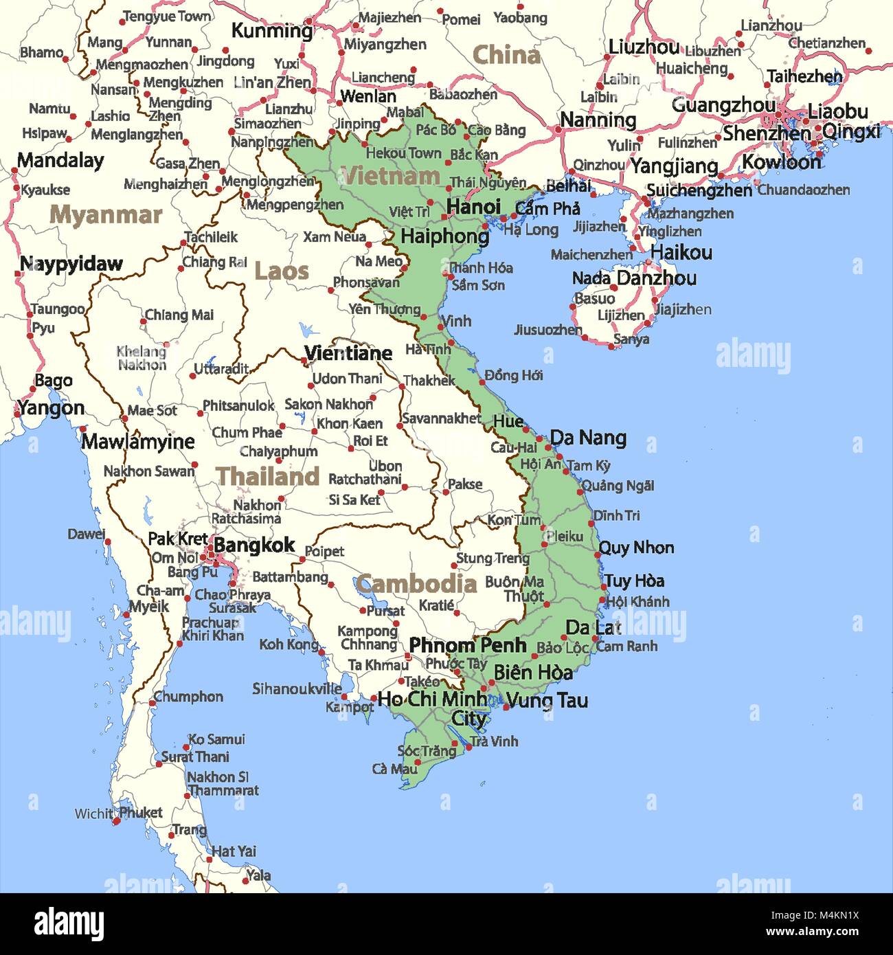 La carte du Vietnam. Montre frontières du pays, les zones urbaines, les noms de lieux et de routes. Les étiquettes en anglais si possible.  : Projection Mercator. Illustration de Vecteur