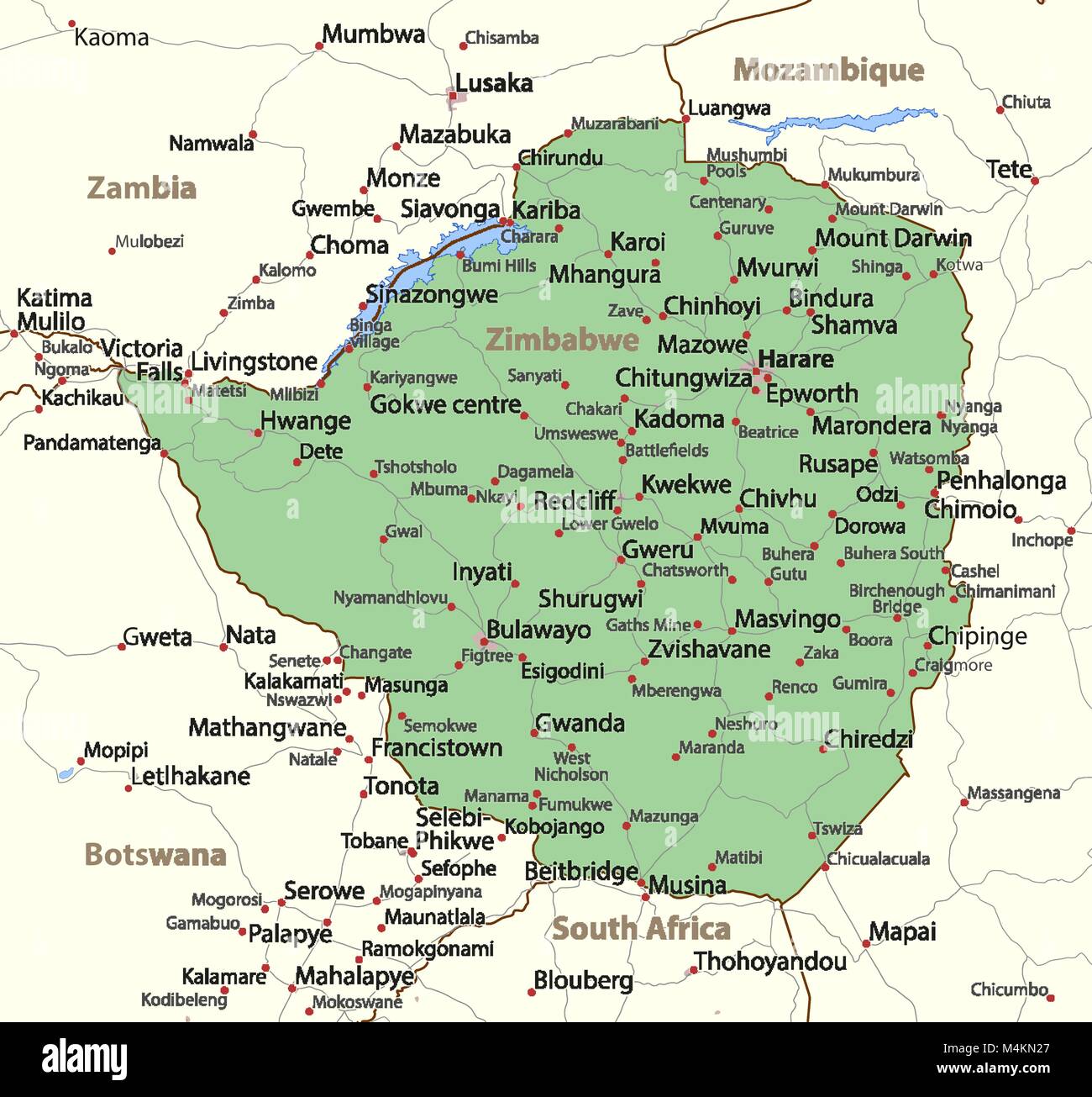 La carte du Zimbabwe. Montre frontières du pays, les zones urbaines, les noms de lieux et de routes. Les étiquettes en anglais si possible.  : Projection Mercator. Illustration de Vecteur