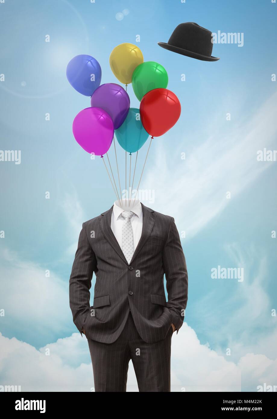 L'homme sans tête avec chapeau flottant surréaliste et de ballons en face  de ciel Photo Stock - Alamy