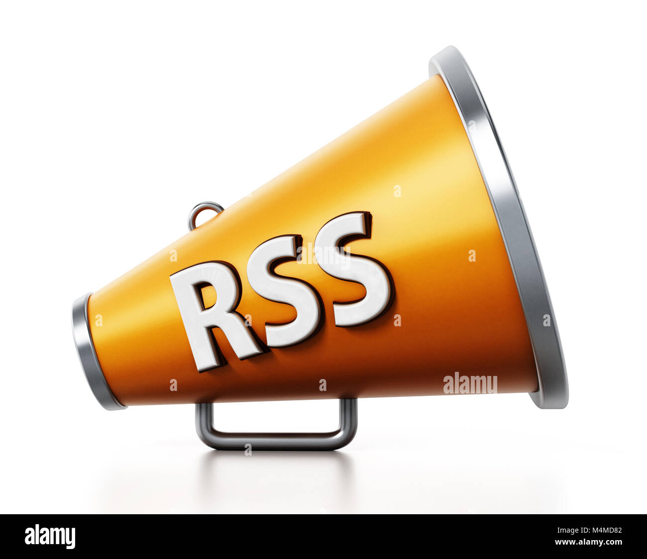 Mégaphone Orange avec texte RSS isolé sur fond blanc. 3D illustration. Banque D'Images