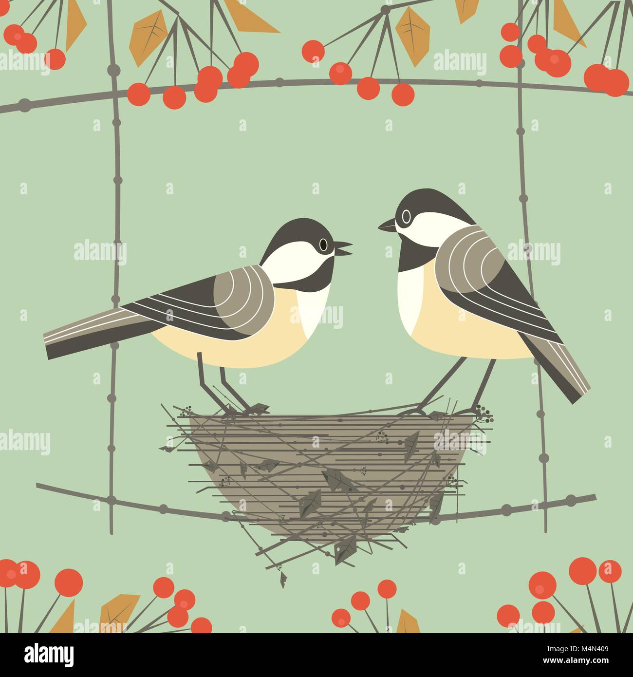 Couple Doiseaux Mésange Cute Cartoon Bande Dessinée Assis