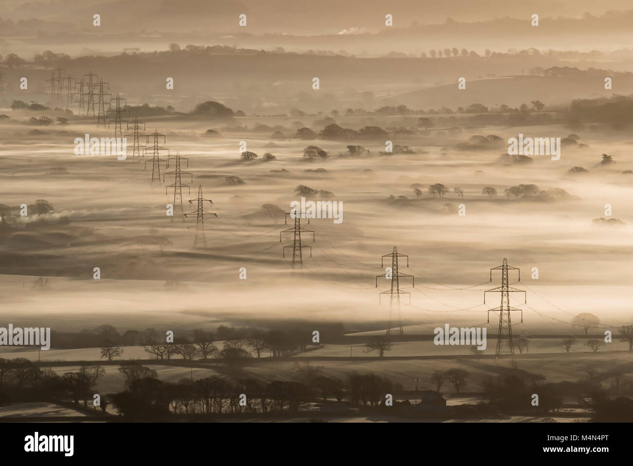 Rangée de pylônes électriques émergeant de la brume d'hiver tôt le matin dans la région de Marshwood Vale, West Dorset, Angleterre en janvier 2018. Banque D'Images