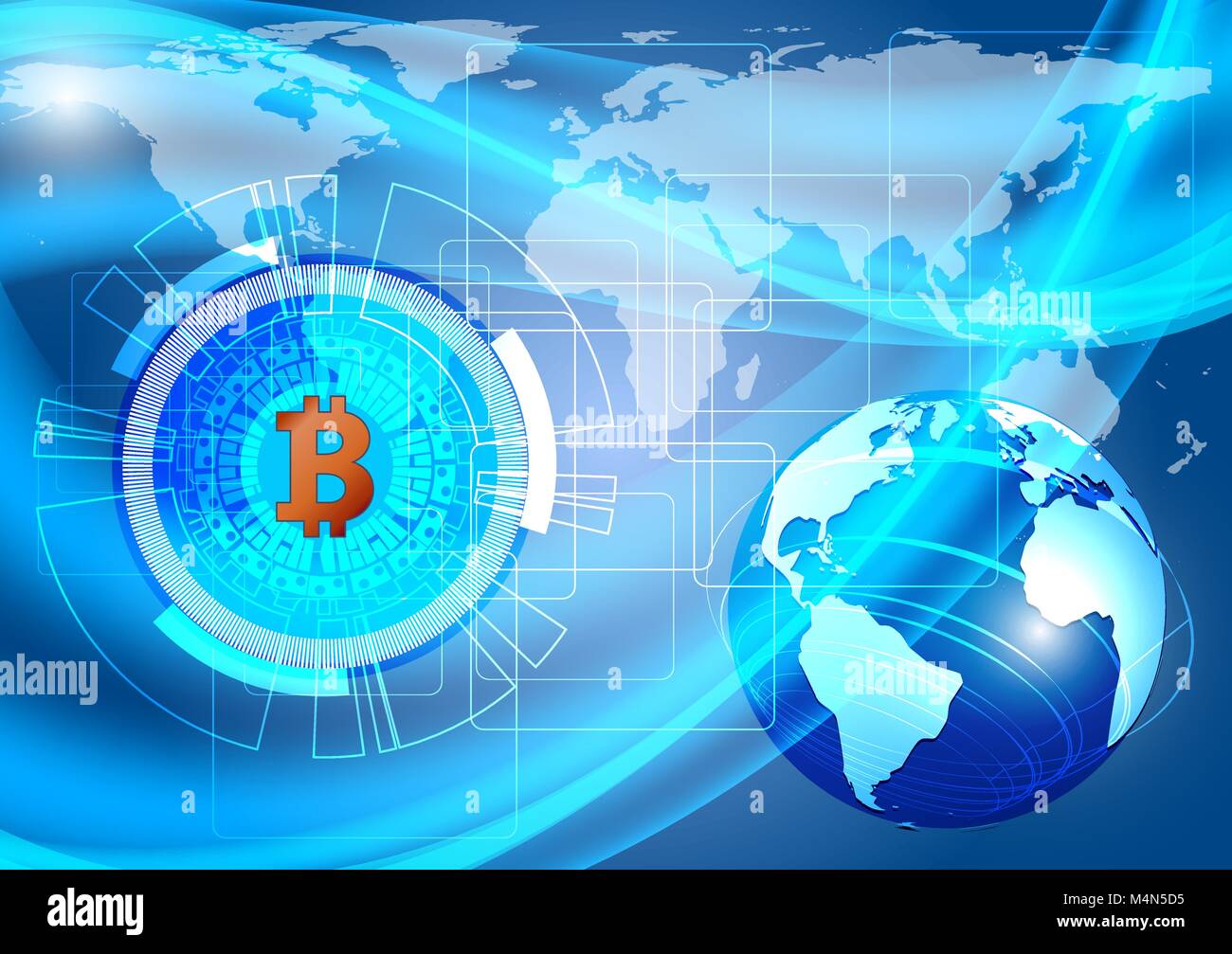 Fond bleu avec la monnaie numérique Bitcoin et terre. vector illustration technologie concept (NASA) Illustration de Vecteur