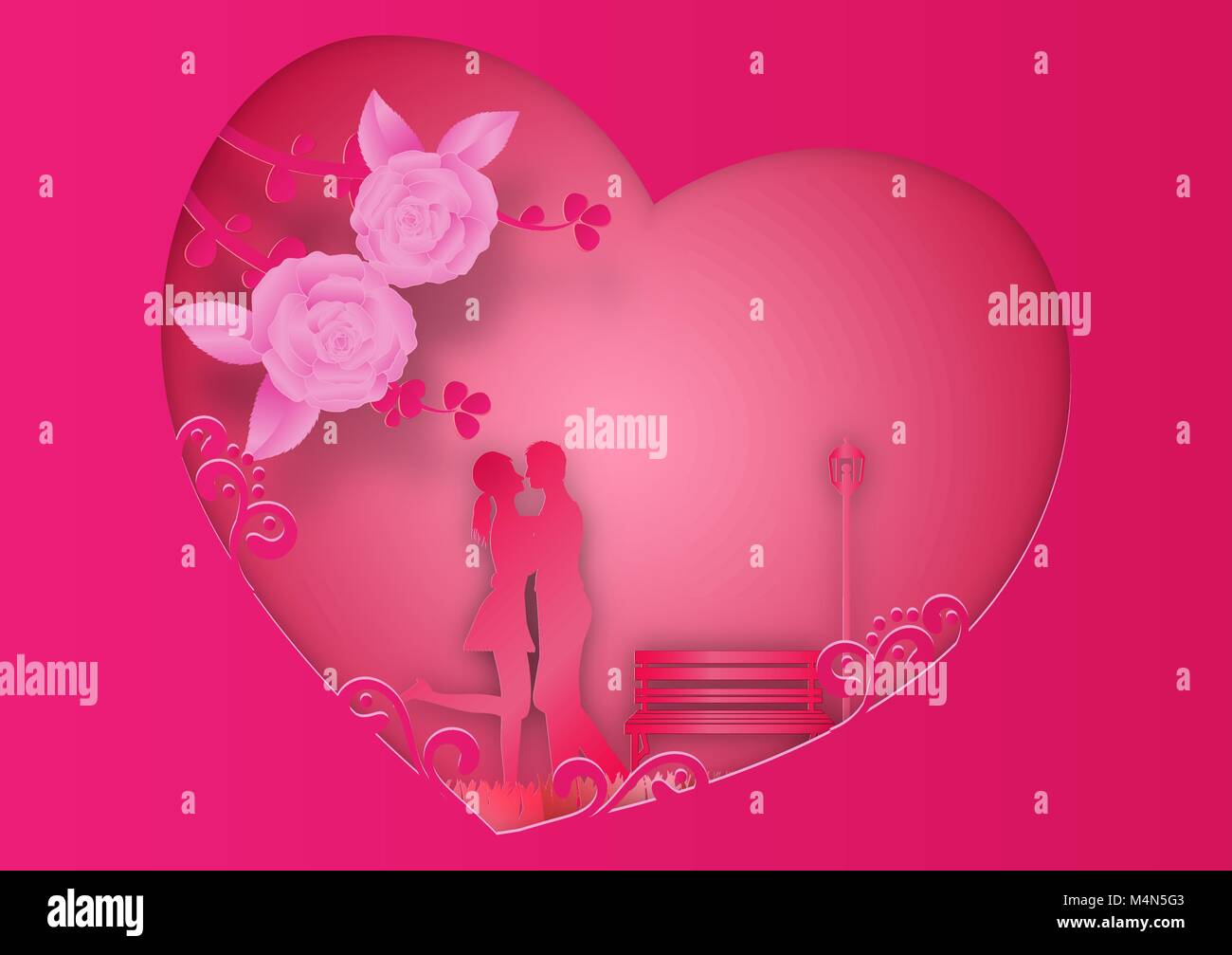 L'art de style papier rose fleurs et plantes grimpantes sur fond rose en forme de coeur la trame avec l'homme et de la femme dans l'amour. vector illustration Illustration de Vecteur