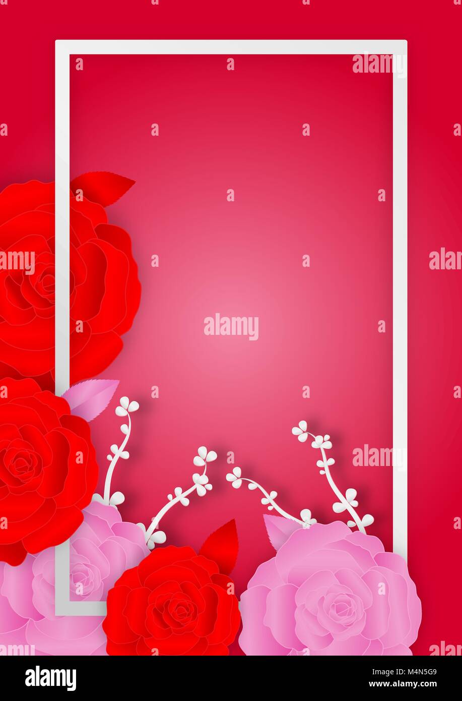 L'art du papier commercial de fleurs rose et le cadre sur fond rose avec copie espace, concept de la Saint-Valentin Illustration de Vecteur
