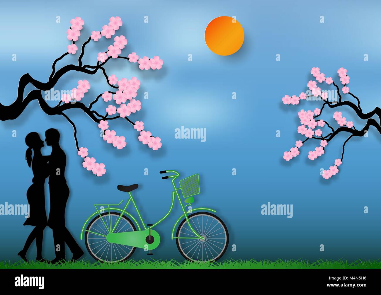 L'art du papier commercial de l'homme et la femme en amour avec location et cerisiers en fleurs sur fond bleu. vector illustration Illustration de Vecteur